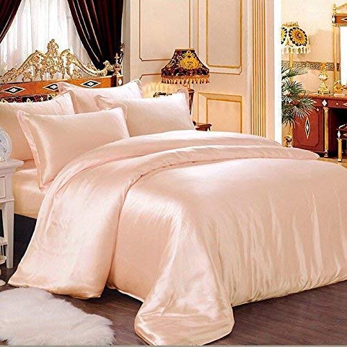 Opulence Bedding - 8 Piece Silk Satin Soft Quilt Goose Down Comforter Set 300GSM with Duvet Cover, Twin Size in Peach - Luxury Bedding for Master Bedroom, Guest Room & Cozy Home Decor