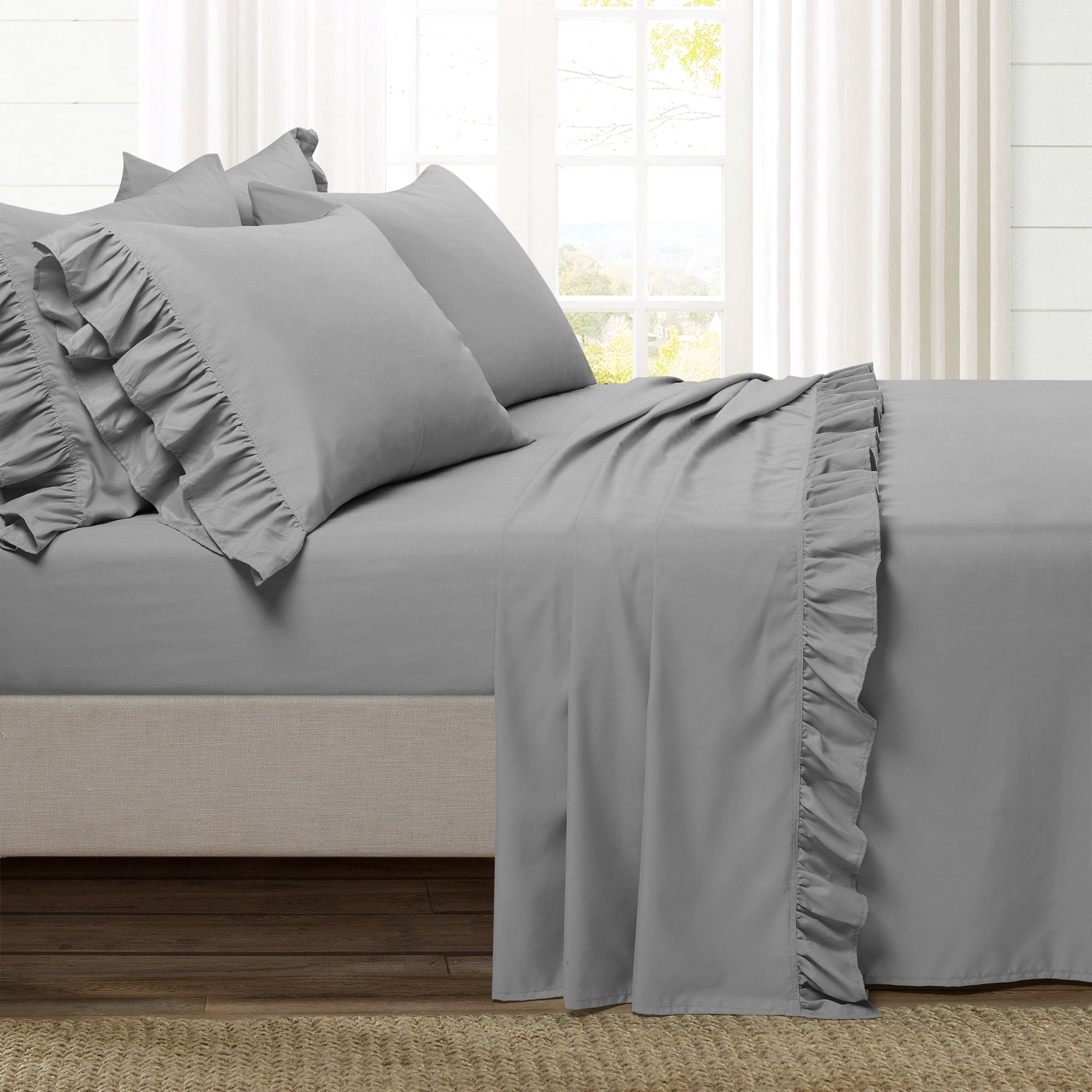 Reyna Ruffle Sheet Set - Queen Size 4-Piece Bedding Set with Floral Lace Trim, Soft Breathable Cotton for Girls & Women - Perfect for Bedroom Decor, Guest Room, and Luxury Hotel Style