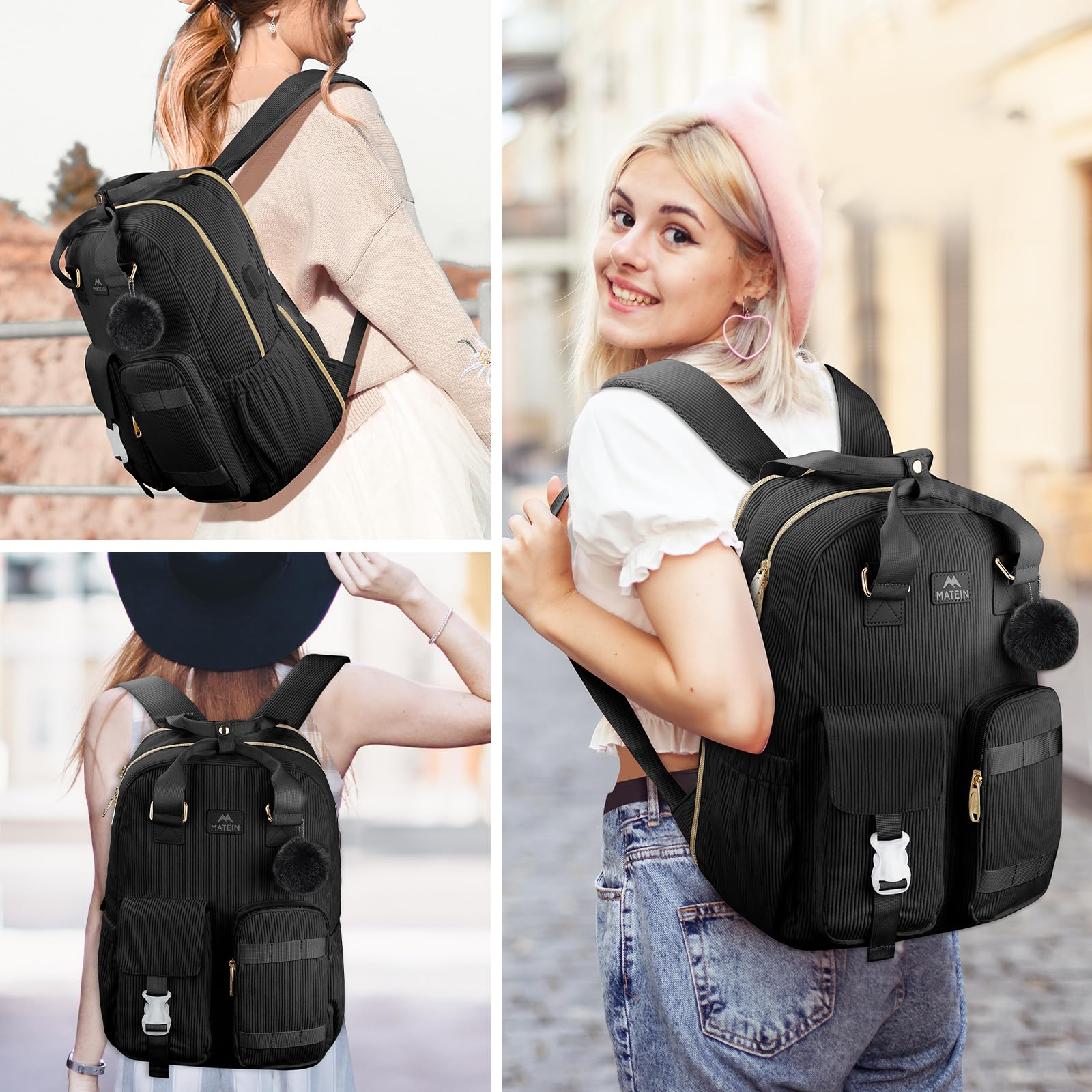 MATEIN Cute Laptop Backpack for Women - 15.6 Inch Corduroy USB Charging Backpack, TSA Lightweight Aesthetic Daypack for College, Work, Travel, Nurse, Teacher Gift - Perfect for Office, School, and Daily Commute
