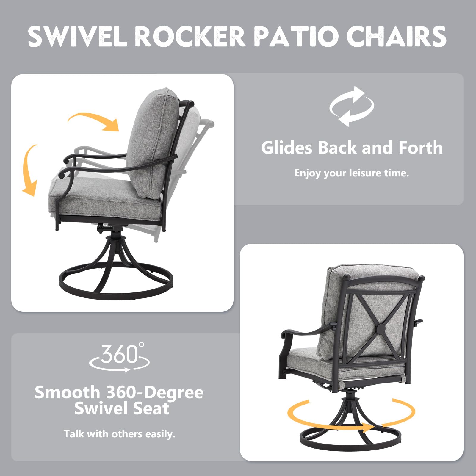 MELLCOM 2-Piece Patio Swivel Chair Set - Heavy Duty Outdoor Dining Chairs with Thickened Cushions, Gentle Rocking Metal Frame - Perfect for Garden, Lawn, Porch, Backyard & Poolside (Grey) | Weather-Resistant & Comfortable for Outdoor Relaxation & Entertaining