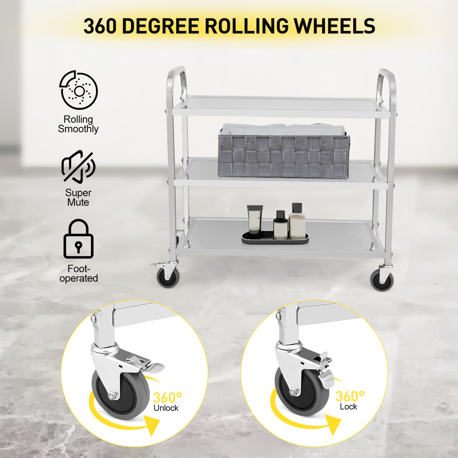 GARVEE 3-Tier Heavy Duty Stainless Steel Utility Cart with Handle & Locking Wheels - 265Lbs Capacity (85x45x90cm) - Perfect for Kitchen, Restaurant, Hospital, Lab & Home Organization