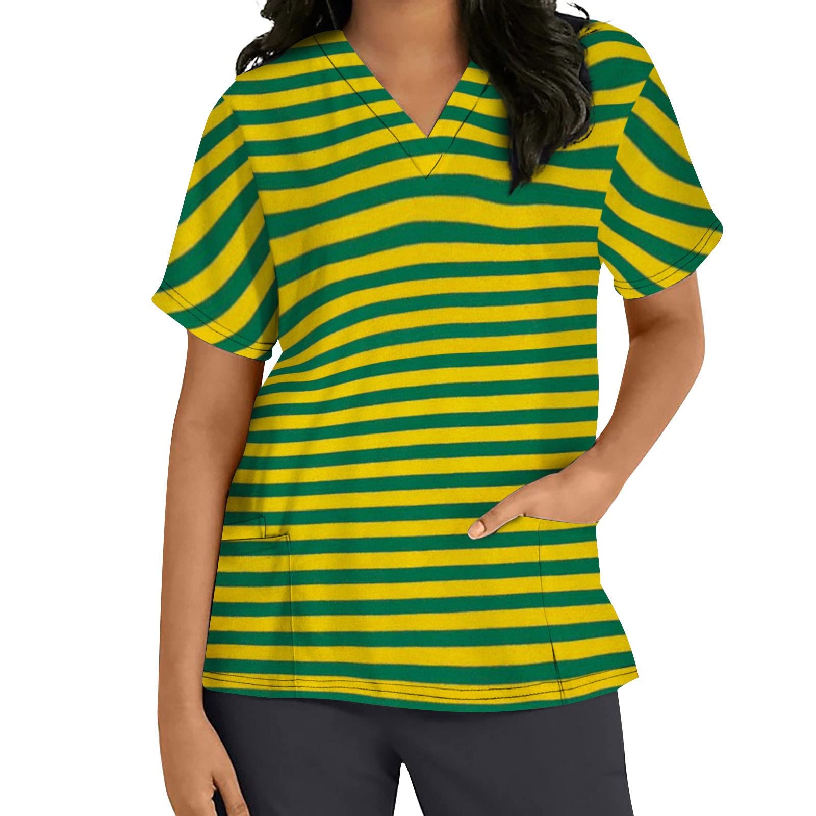 Women's Casual V-Neck Button-Up Blouse - Loose Fit Short Sleeve Top with 3 Pockets & Stripe Print | Perfect for Work Uniforms, Office Wear & Summer Outfits