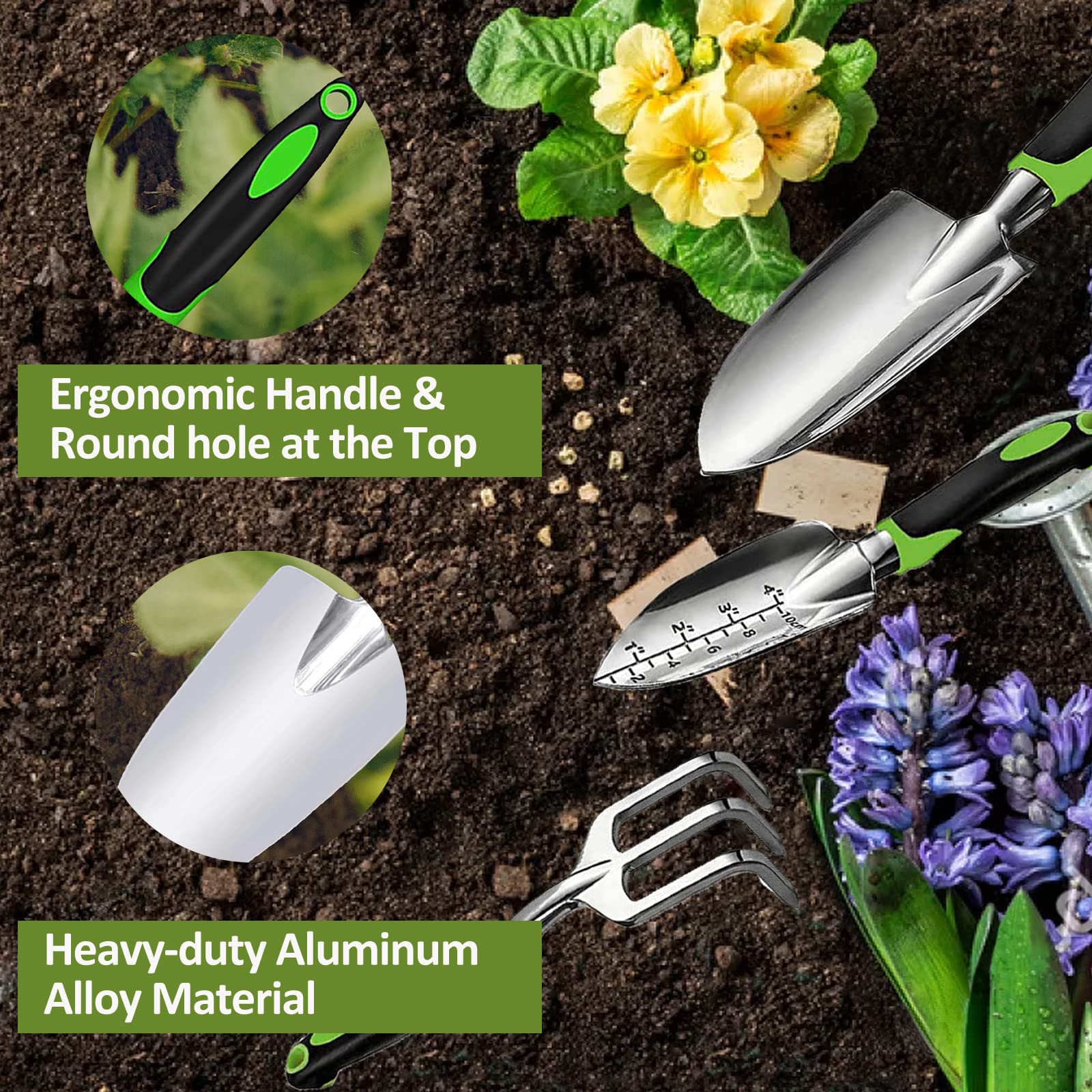 **3-Piece Heavy Duty Garden Tool Set - Ergonomic Non-Slip Handle Trowel, Transplant Trowel & Hand Rake - Perfect for Planting, Weeding & Landscaping - Ideal Gardening Gifts for Men & Women**