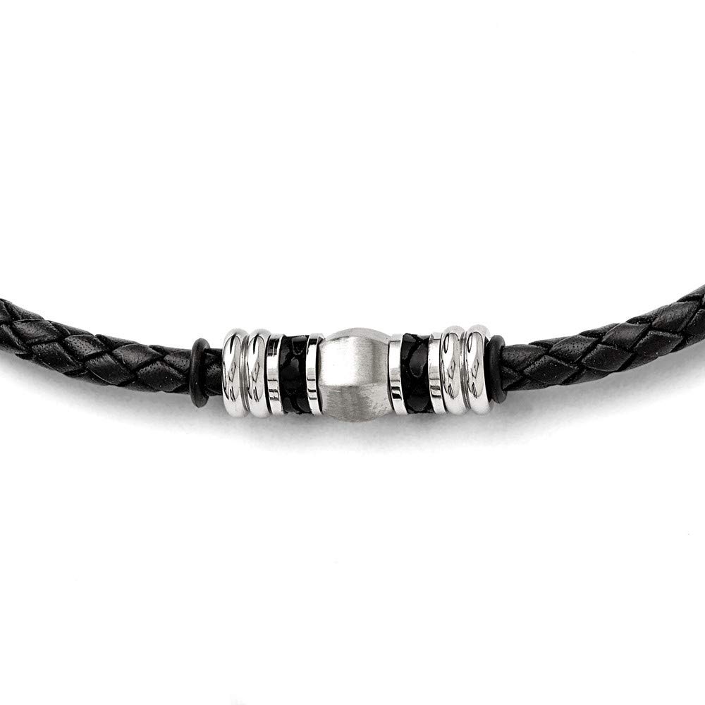Stainless Steel Polished & Brushed Black Leather Necklace with Rubber Accent - 19 Inch Women's Jewelry Gift for Birthday, Anniversary & Special Occasions