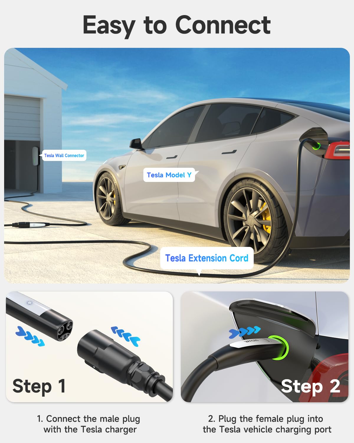 40Amp 21ft 240V EV Charger Extension Cable - NACS Compatible for Tesla Model Y/X/3/S/Cyber-truck - Level 1 & 2 Charging - Perfect for Home, Garage & Road Trip Charging
