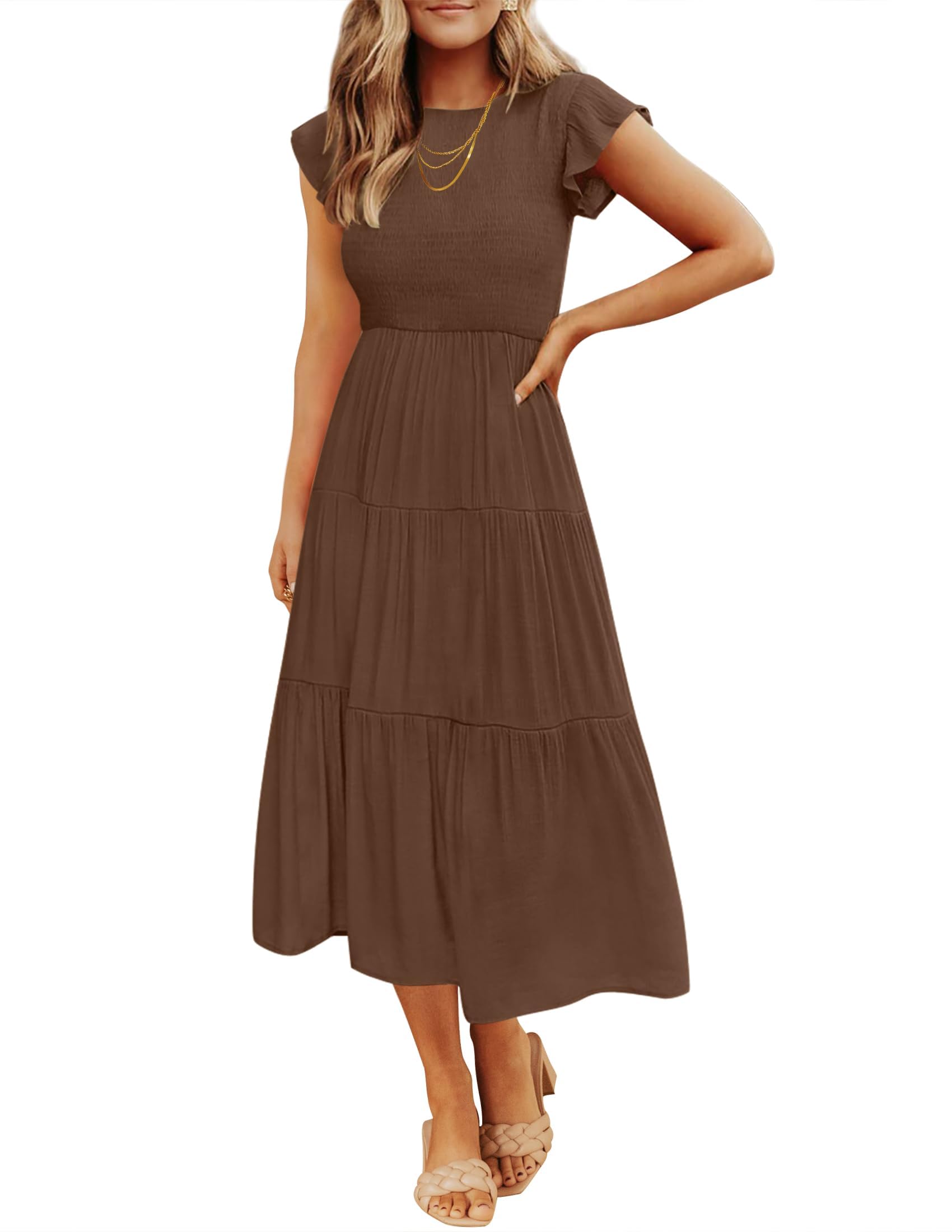 ZESICA Women's 2025 Summer Flutter Sleeve Smocked Waist Tiered Midi Dress - Casual Crew Neck Elastic Dress for Beach, Vacation & Everyday Wear