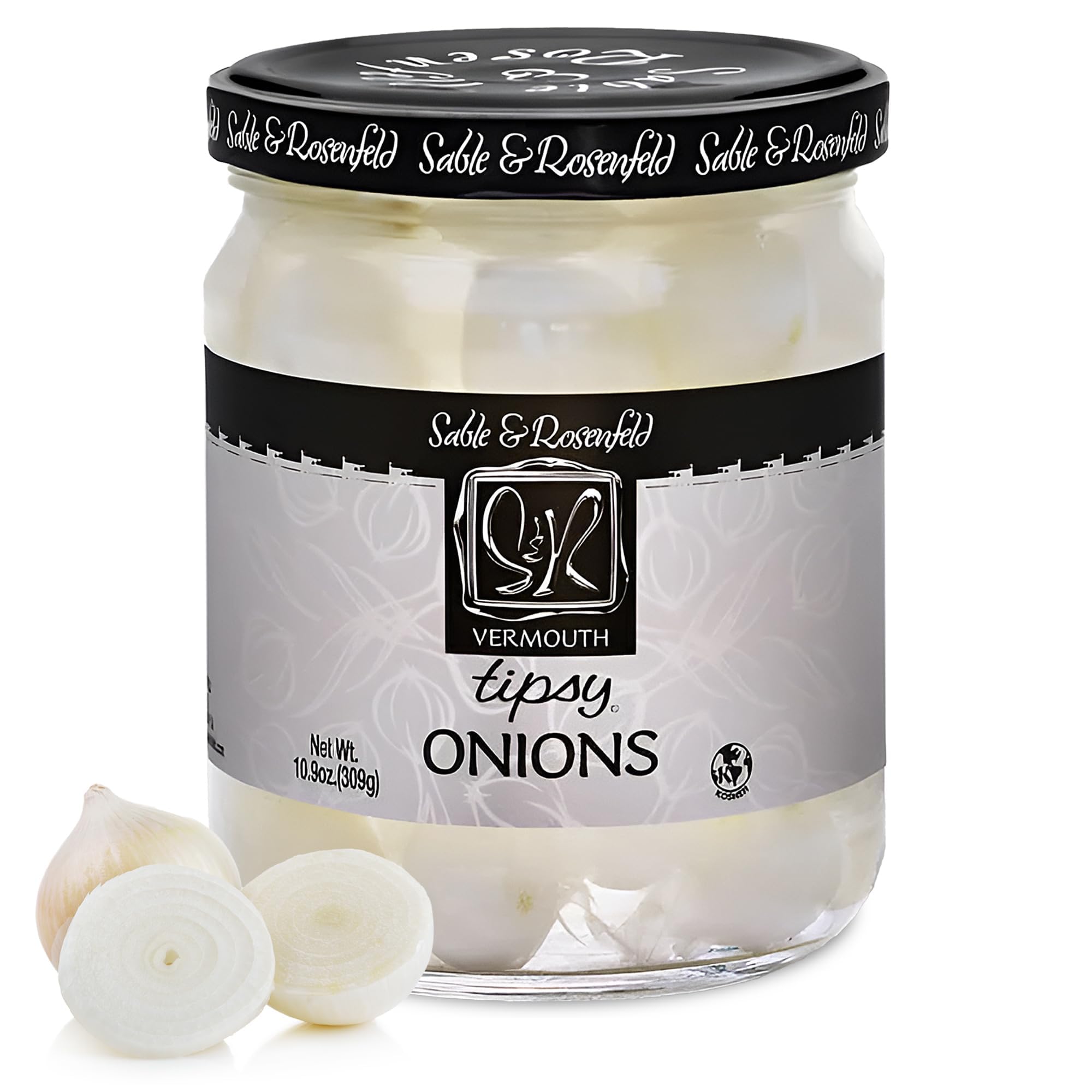 Premium Pickled Silverskin Cocktail Onions in Jar with French Vermouth - Kosher Parve for Martinis, Gibsons & Bloody Marys - Sable & Rosenfeld Gourmet Appetizer - 10.9 oz (Pack of 1) - Perfect for Home Bars, Dinner Parties & Holiday Entertaining