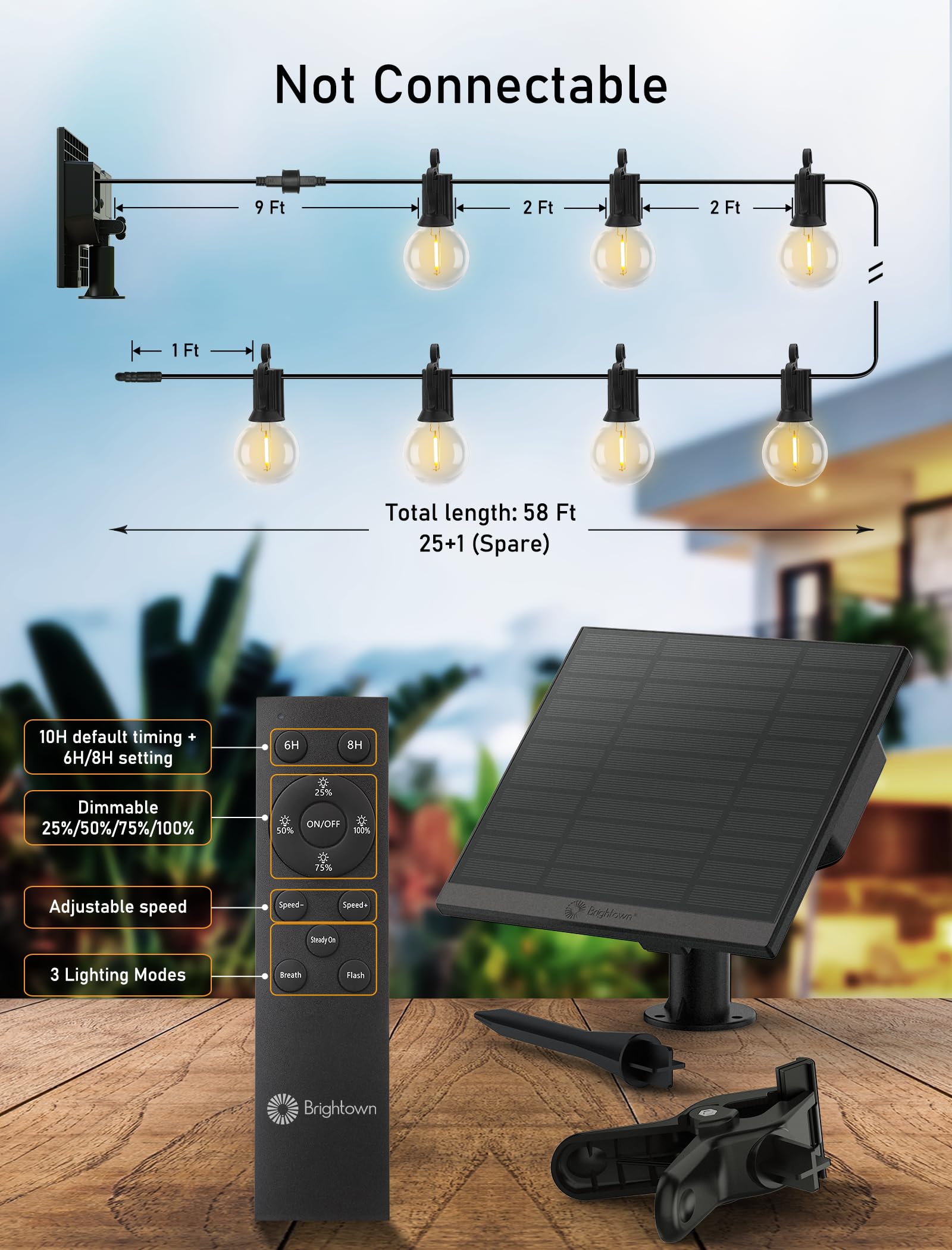 Brightown 58FT Solar String Lights Outdoor - 26 LED Shatterproof Bulbs, Remote Control, 3 Light Modes, Weatherproof & Commercial Grade - Perfect for Backyard, Patio, Garden, Wedding, Party Decor & Holiday Lighting