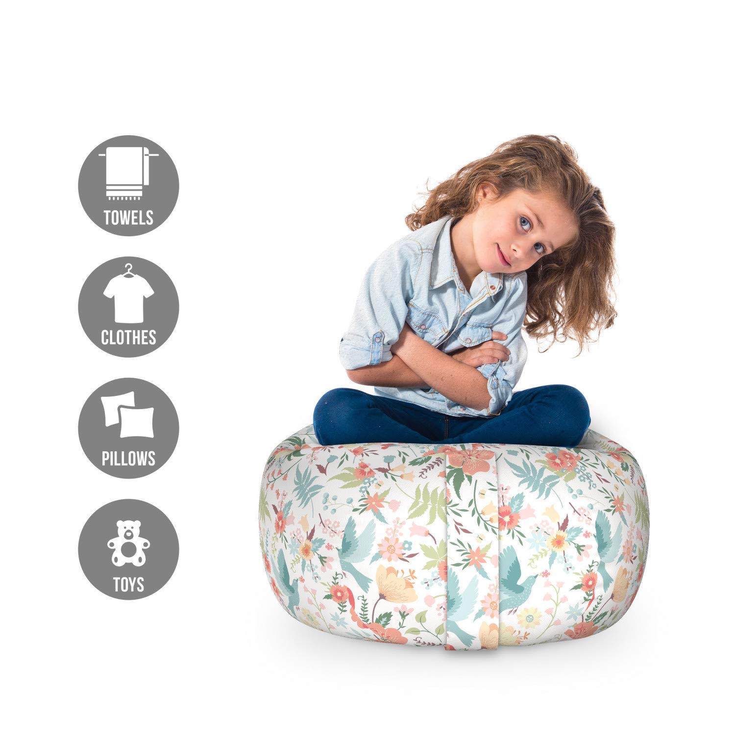 Ambesonne Birds Toy Storage Bag Chair - Flying Blue Pigeons with Flowers Among Lilies, Tulips & Roses - Washable Stuffed Animal Organizer for Kids Room, Nursery, Playroom - Small Multicolor Storage Solution