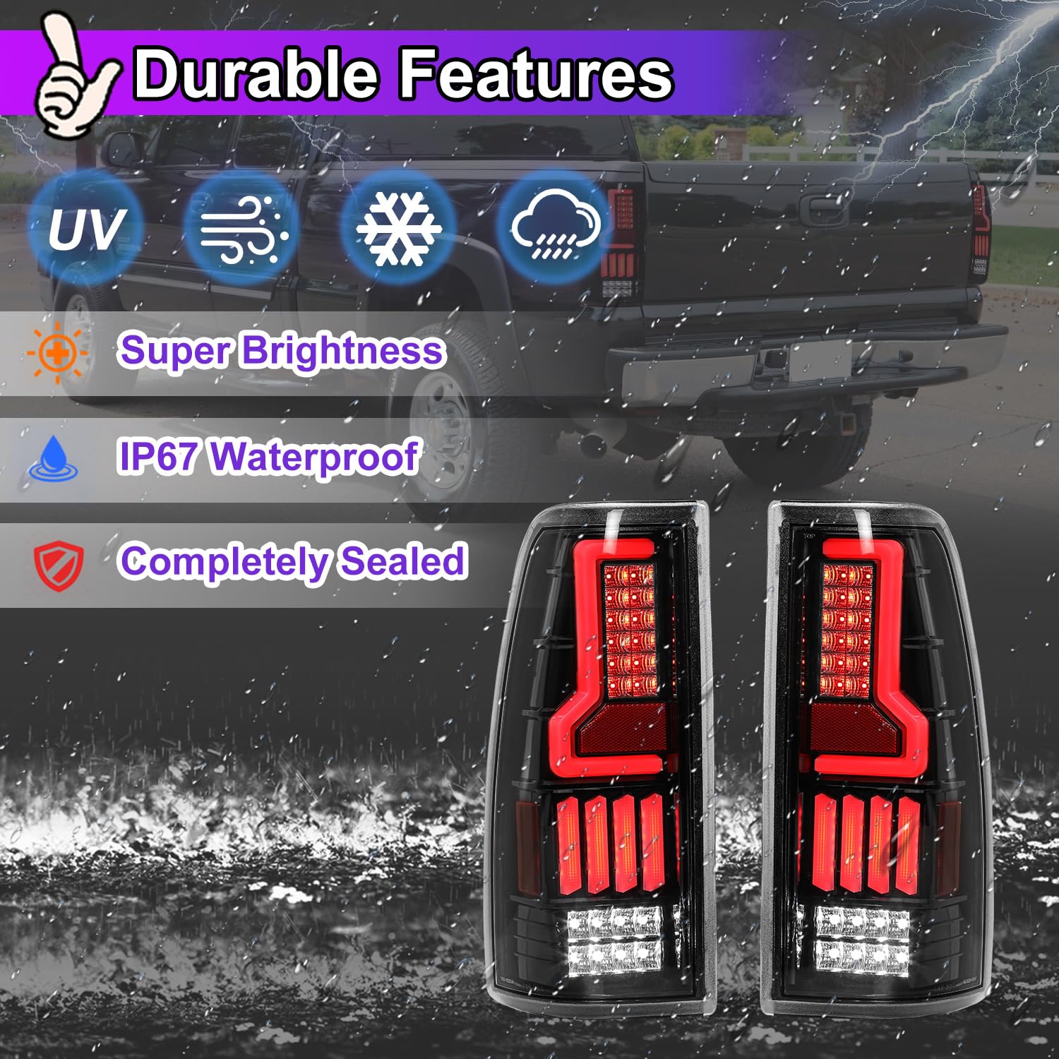 Nixon Offroad LED Tail Lights for Chevy Silverado 1500/2500/3500 (1999-2006) & GMC Sierra 1500/2500/3500 (1999-2002) - Black/Clear Rear Lamps Assembly - Durable & Bright for Night Driving & Off-Road Adventures