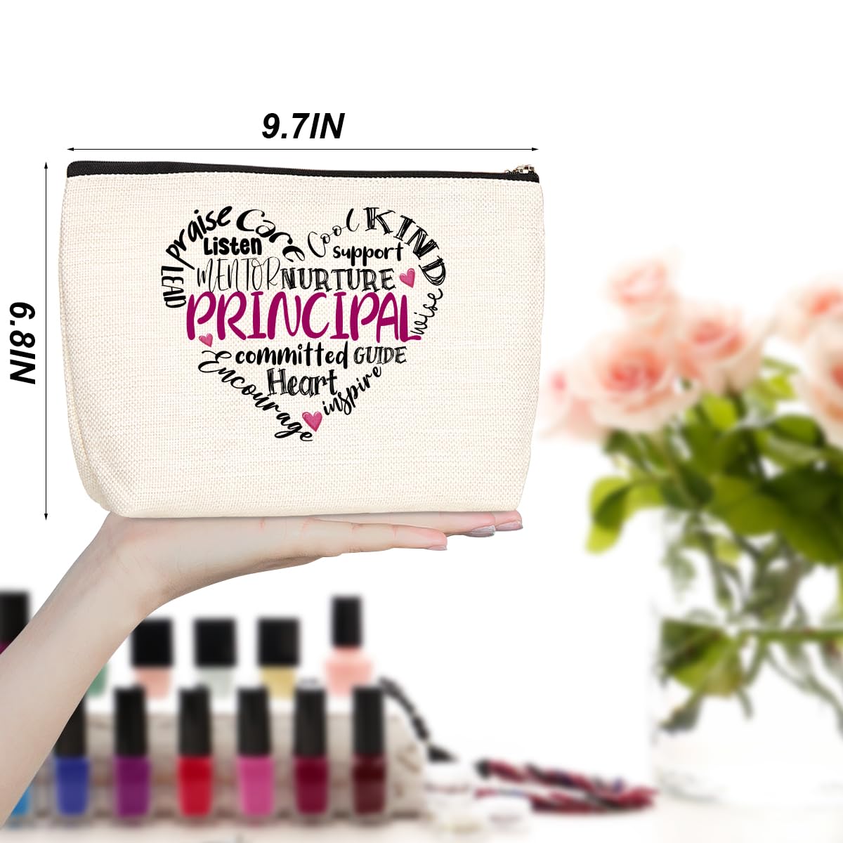 Inspirational Principal Makeup Bag - Cosmetic Pouch for Women, Teachers, Coworkers, Assistants & Mentors - Motivational Affirmations Gift for Principal Appreciation, Retirement, Birthday, Christmas & Principal Day - Perfect for Daily Use, Travel & Office Organization