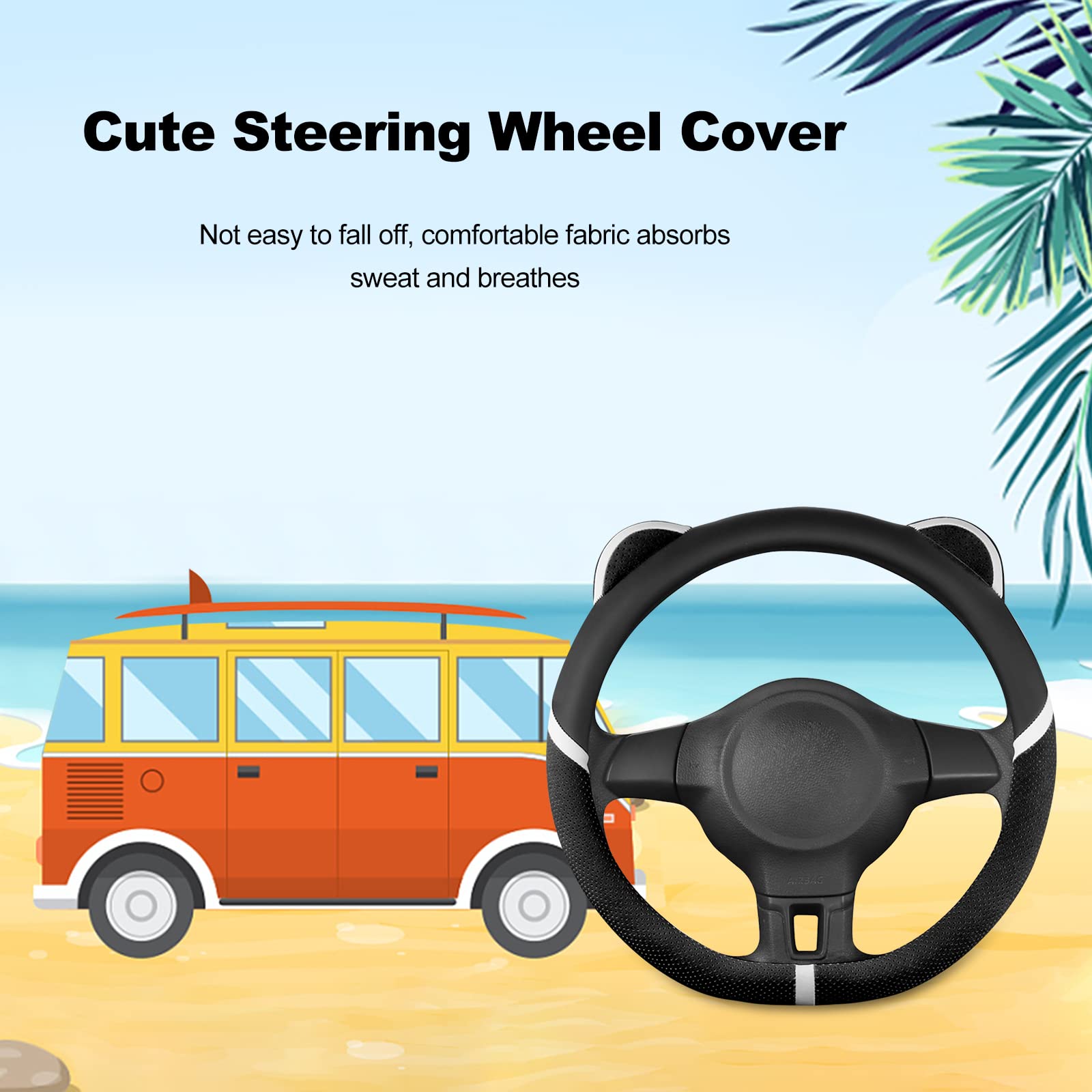Ergocar D-Shaped Steering Wheel Cover - Cute Cartoon Cat Ears Design, Anti-Slip Microfiber PU Leather, Breathable Steering Wheel Protector (15