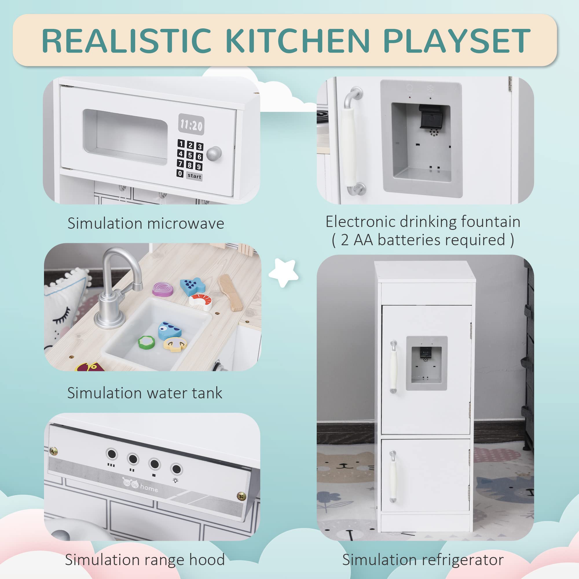 Qaba Corner Kids Wooden Pretend Kitchen Playset with Drinking Fountain, Microwave, Fridge & Accessories - Durable Toy Kitchen for Ages 3+ in White - Perfect for Home, Preschool & Playroom Pretend Play