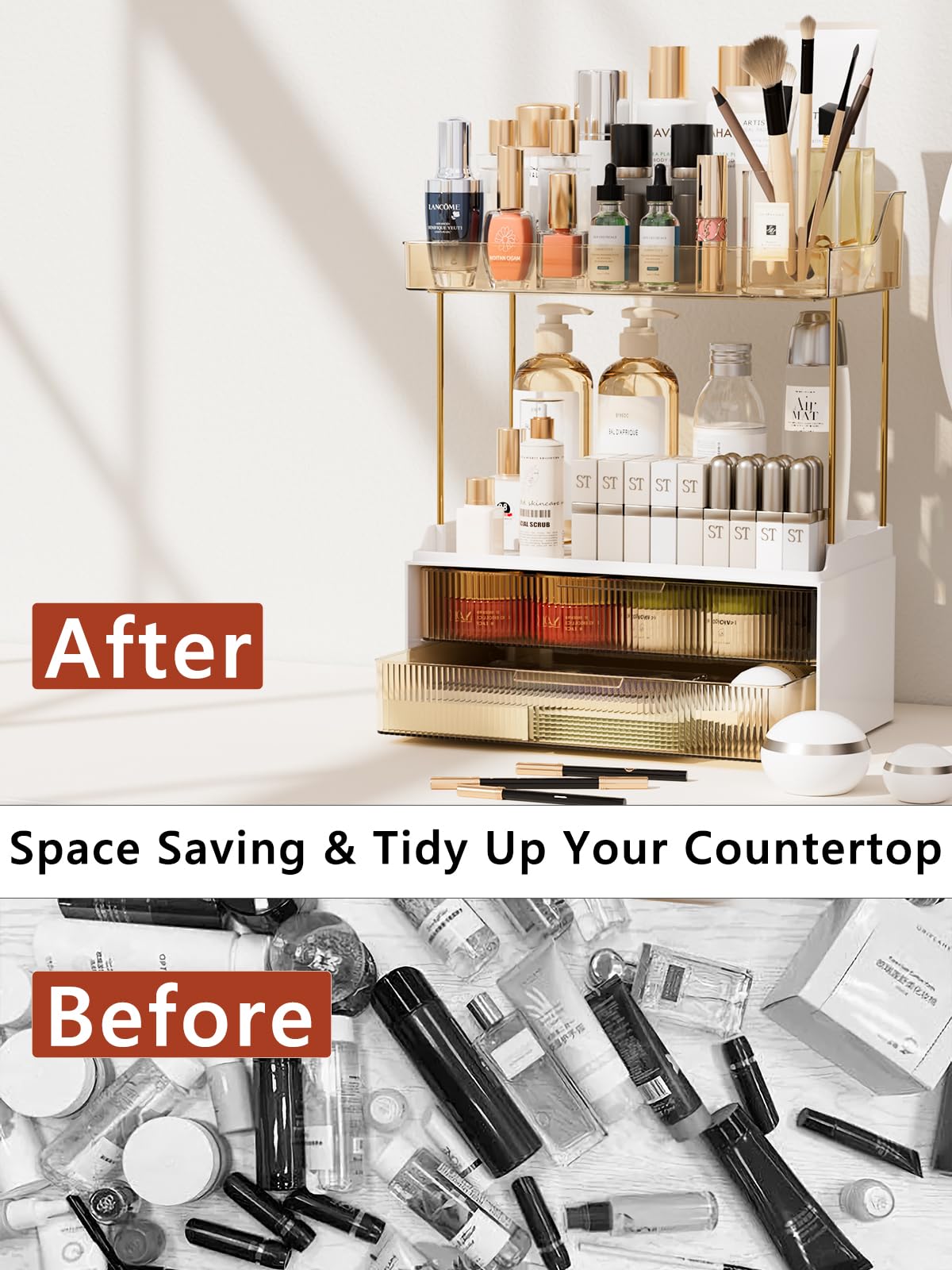4-Tier Bathroom Organizer with 2 Drawers - Countertop Storage Shelf for Makeup, Skincare & Vanity Essentials - Space-Saving Dressing Table Organizer for Bedroom, Bathroom or Closet