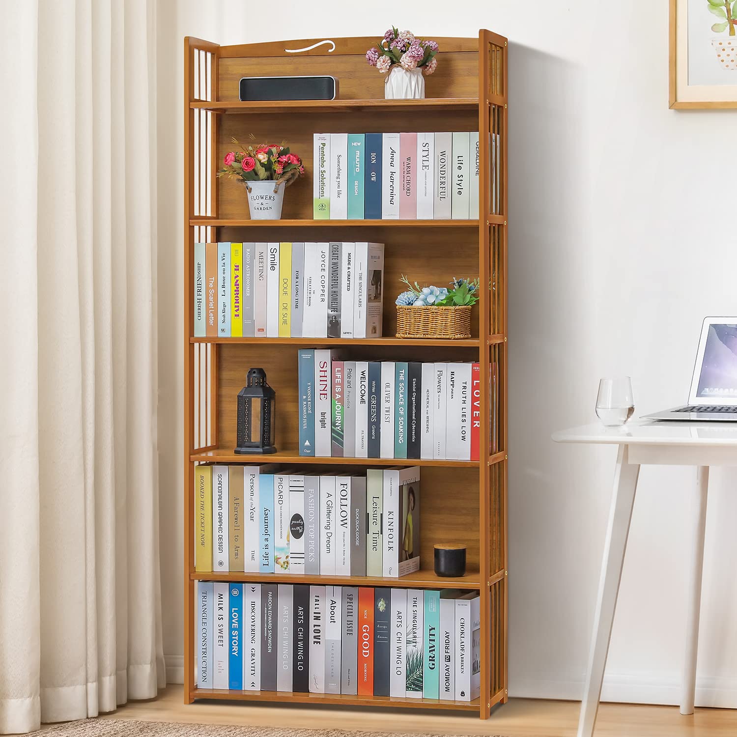 MoNiBloom 6-Tier Adjustable Bamboo Bookshelf - Tall Bookcase Organizer with Free Standing Storage for Living Room, Study, Office & Balcony - Natural Wood Shelf for Books, Plants & Home Decor