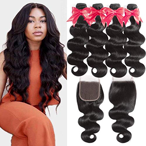 Beauhair Brazilian Body Wave 4 Bundles with Closure (18 18 18 18+16 Free Part) - 100% Unprocessed Virgin Human Hair Extensions - Natural Black Professional Weave Hair for Styling & Volume - Perfect for Daily Wear, Parties & Special Occasions