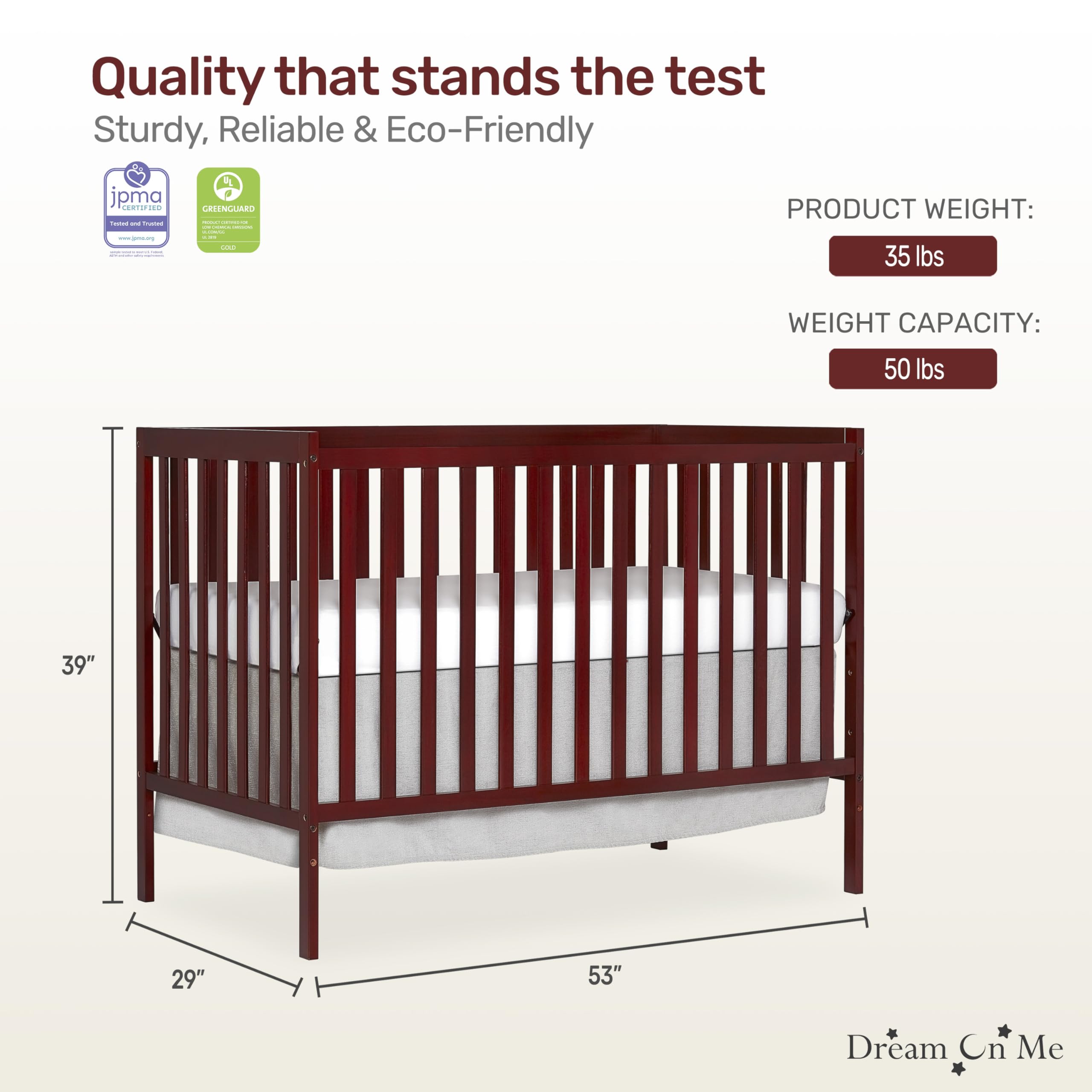 Dream On Me Synergy 5-in-1 Convertible Crib - Cherry Finish | JPMA & Greenguard Gold Certified | Solid Reclaimed New Zealand Pine Wood | 3 Adjustable Mattress Heights | Perfect for Nursery, Toddler Room & Guest Bedroom