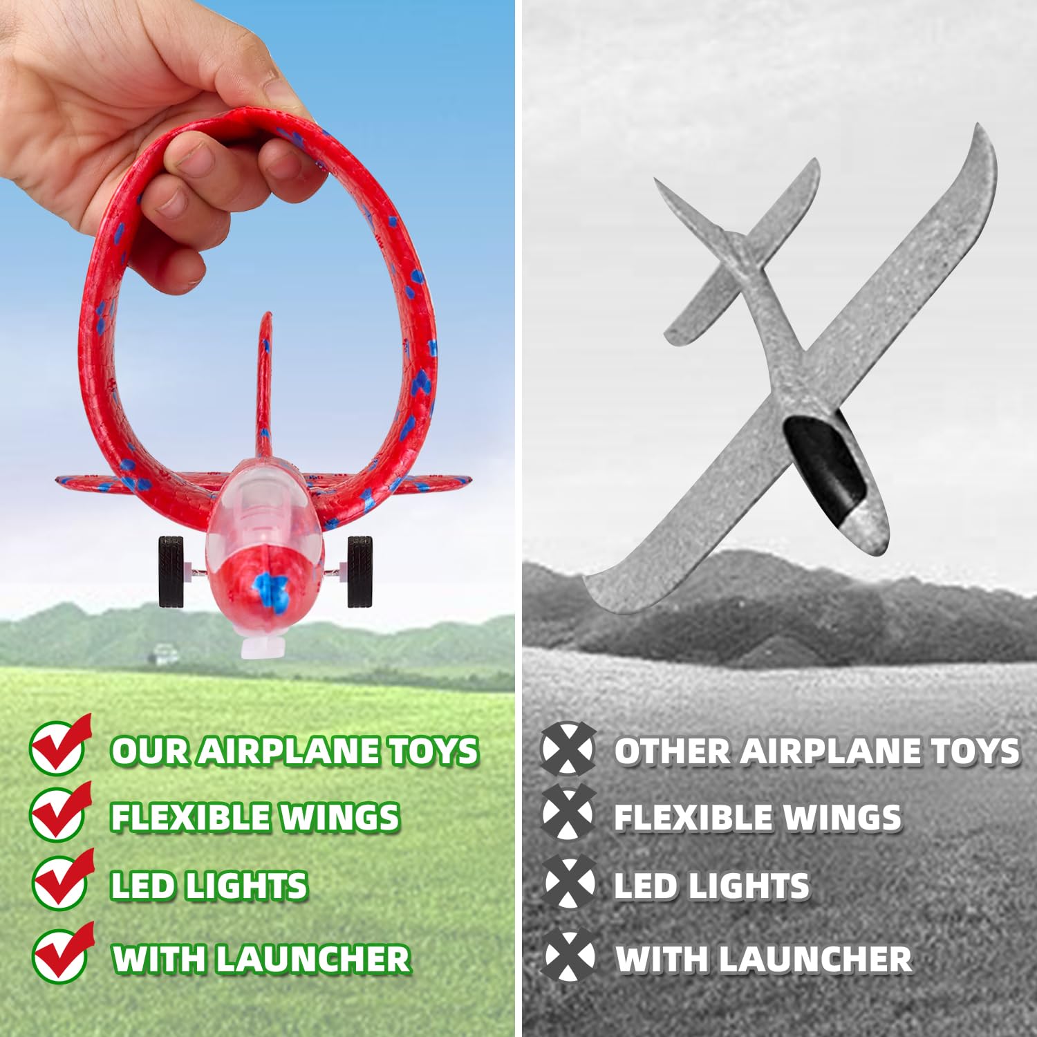 6 Pack LED Foam Airplane Launcher Toys for Kids - 2 Flight Mode Glider Planes, Outdoor Flying Toys for Boys & Girls Ages 3-12 - Perfect Birthday Gift & Educational STEM Toy for Backyard Play, Park Activities and Family Fun