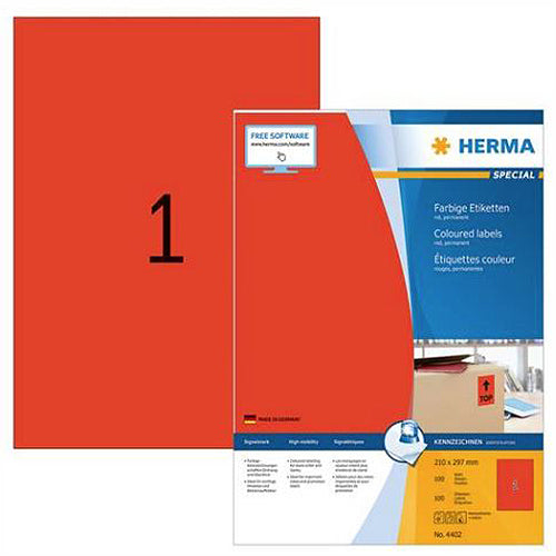 Colorful A4 Labels 210 x 297 mm - Red Permanent Adhesive Stickers for Office Organization, File Sorting & Mailing (4402) - Perfect for Color Coding, Inventory Management & School Projects
