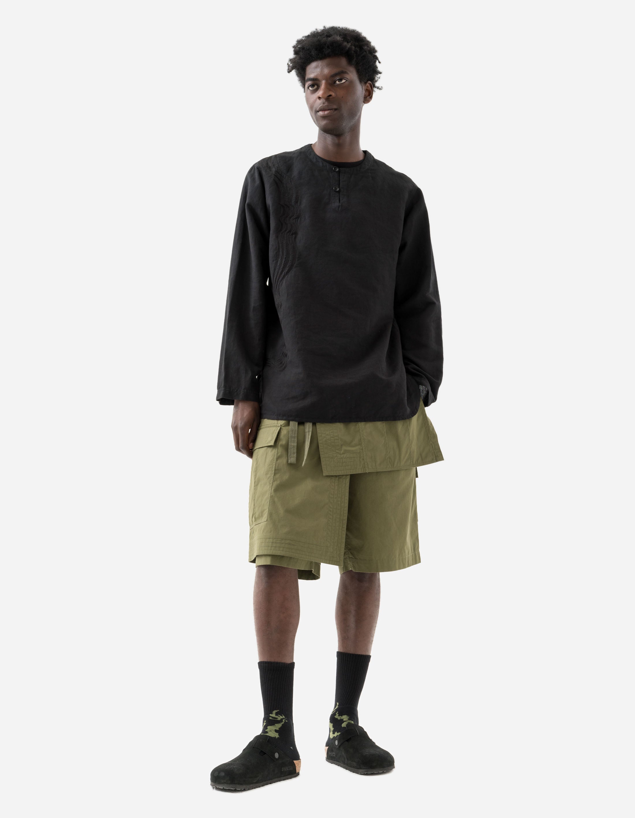 6056 Asym Hakama Shorts - Olive OG 107F - Trendy Streetwear & Casual Wear for Men & Women - Perfect for Yoga, Martial Arts & Summer Outfits