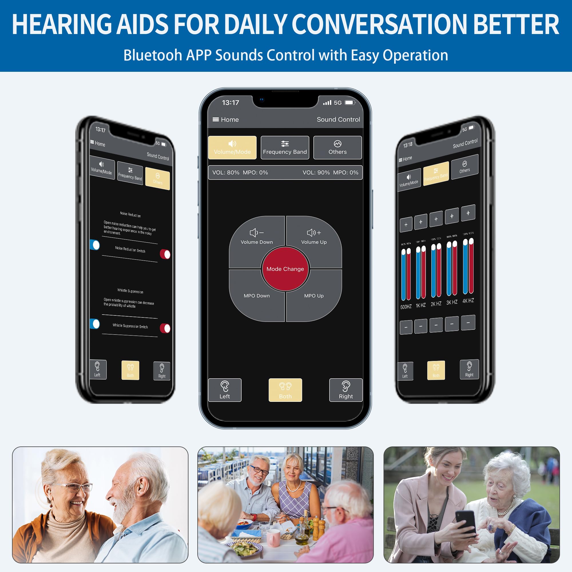 Rechargeable Bluetooth Hearing Aids for Seniors with Noise Cancellation & Smart App Control | Adjustable Frequency | Hands-Free Calling | Portable Design for TV Watching, Outdoor Activities & Clear Conversations