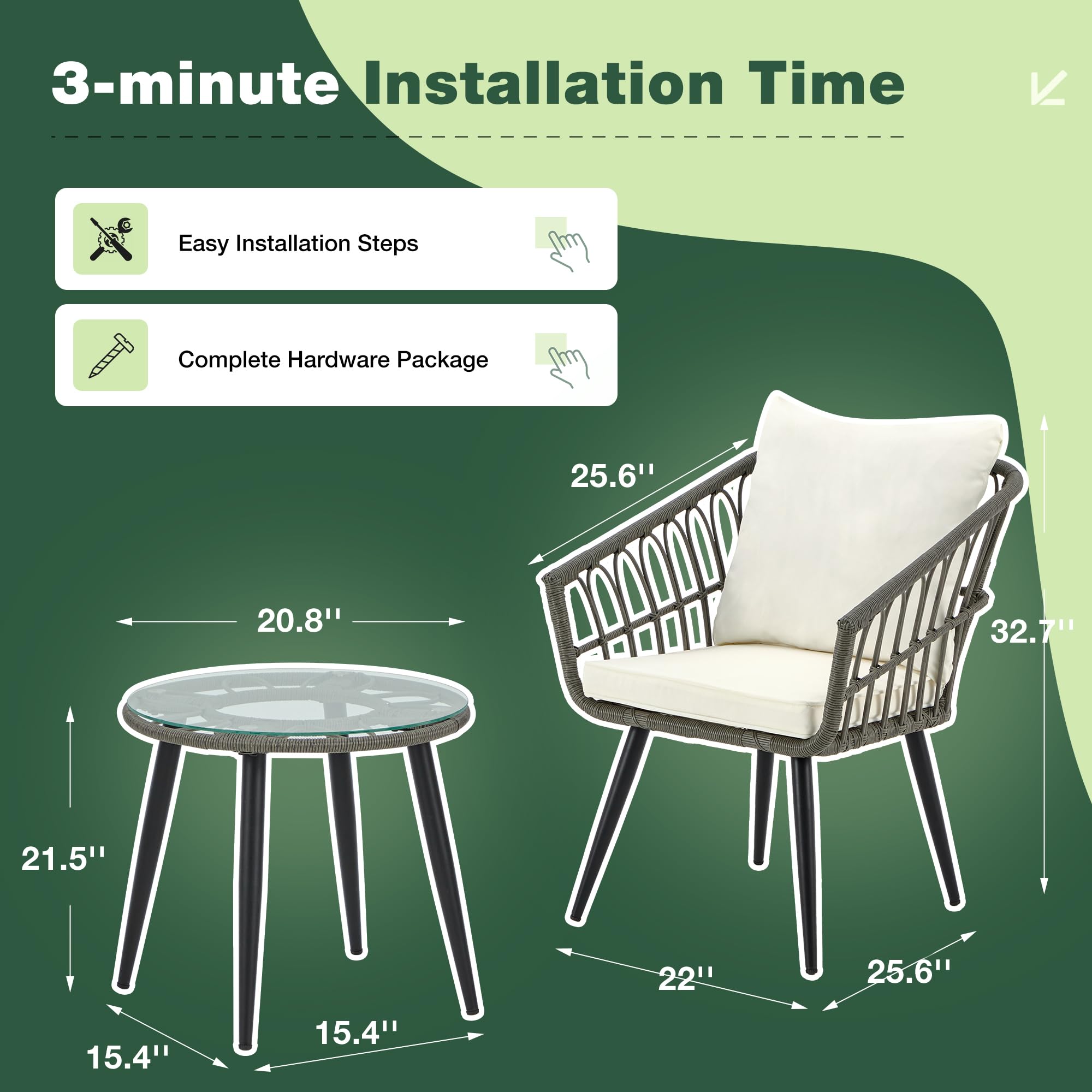 EcoTouge 3-Piece Wicker Bistro Set - Patio Rattan Dining Table with Glass Top & Cushioned Chairs - Outdoor Conversation Furniture for Porch, Backyard, Garden (Grey) - Perfect for Al Fresco Dining and Relaxing in Your Outdoor Space