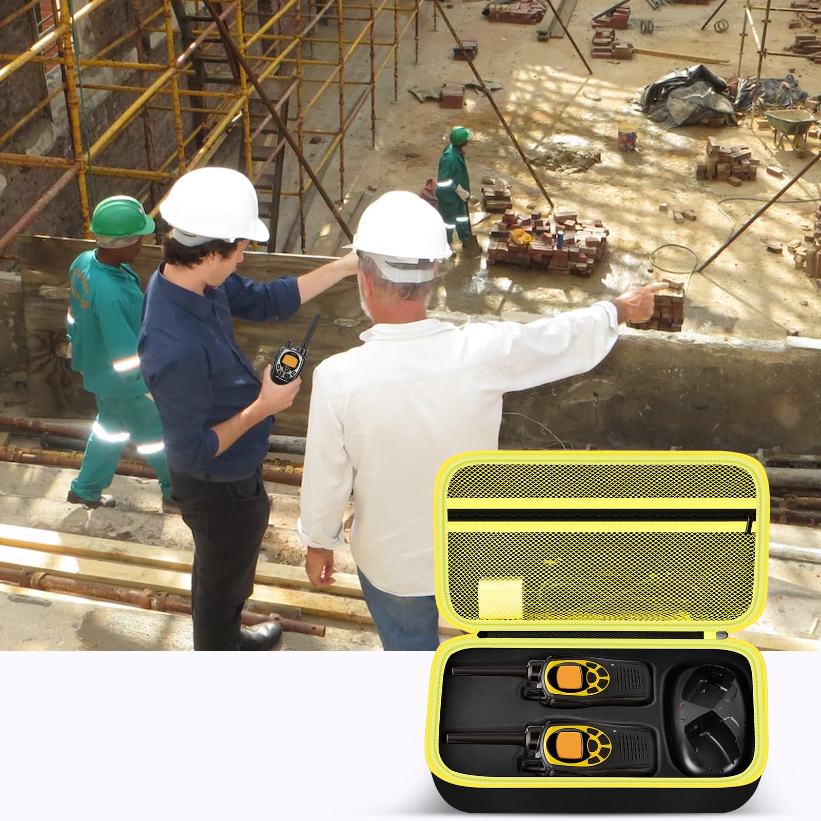 ANKHOH Durable Walkie Talkie Case Holder for 50 Channel GMRS Two-Way Radio - Hard Storage Carrying Box for Rechargeable Batteries, Charger & Headset (Yellow, Bag Only) - Perfect for Outdoor Adventures, Construction Sites & Emergency Communication