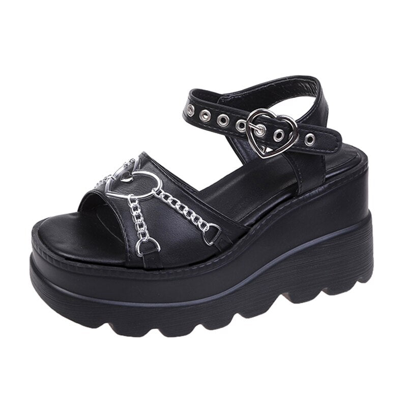 Lovevop Black Gothic Wedge Sandals for Women - Y2K Style Chunky Platform Sandals with Punk Buckle & Thick Bottom - Lolita Shoes in Plus Sizes - Perfect for Summer Outfits, Concerts & Alternative Fashion