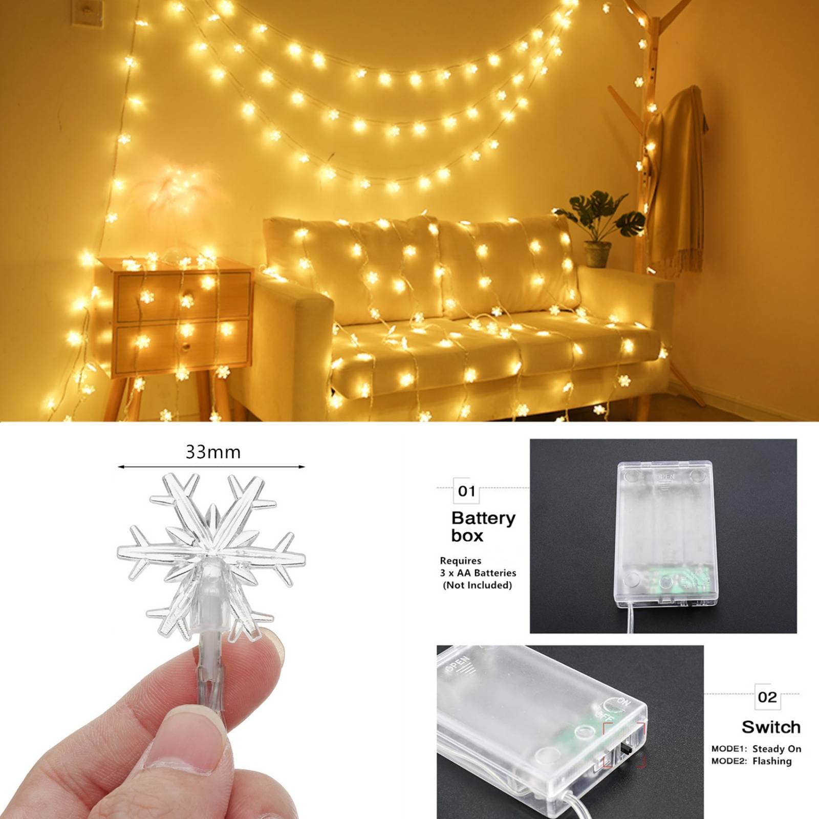 CESOF 20 Ft 40 LED Snowflake Christmas String Lights - Battery Operated Fairy Lights for Indoor & Outdoor Decor - Warm White Xmas Tree, Bedroom, Party & Office Decorations - Perfect for Holiday Home, Garden, and Festive Celebrations