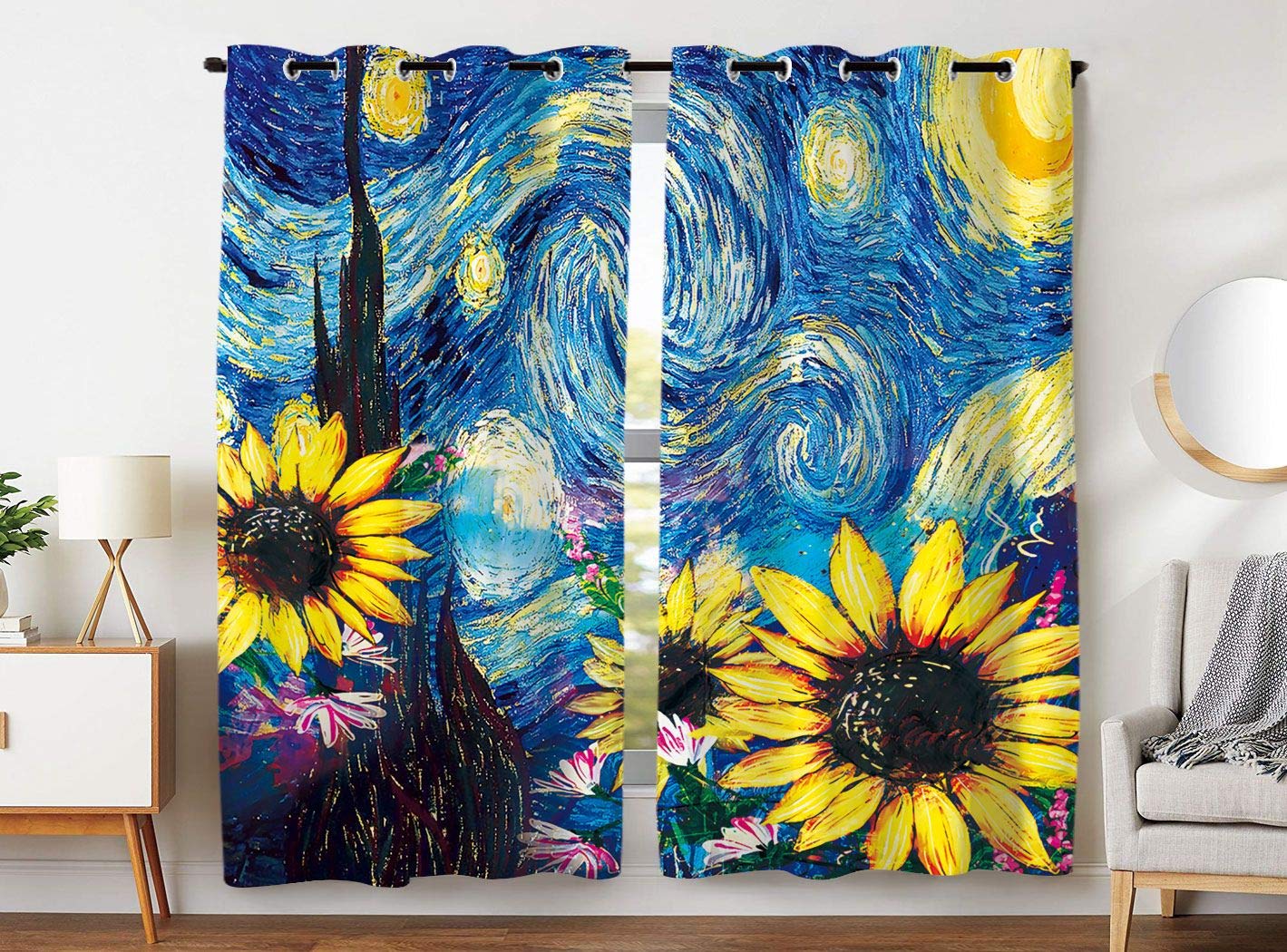 YISUMEI Blackout Curtains 28 x 48 Inch - Thermal Insulated Grommet Window Curtain Panels (Set of 2) - Cloud Flower Watercolor Sunflower Abstract Design - Perfect for Bedroom, Living Room & Nursery Darkening