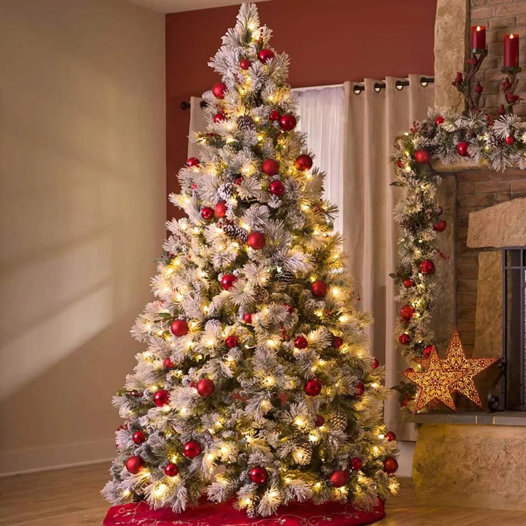 6.5'/7.5'/9' Flocked Artificial Christmas Tree with Pine Cones & Metal Stand - Hinged Branches for Easy Setup - Perfect for Living Room, Office, or Holiday Decorations