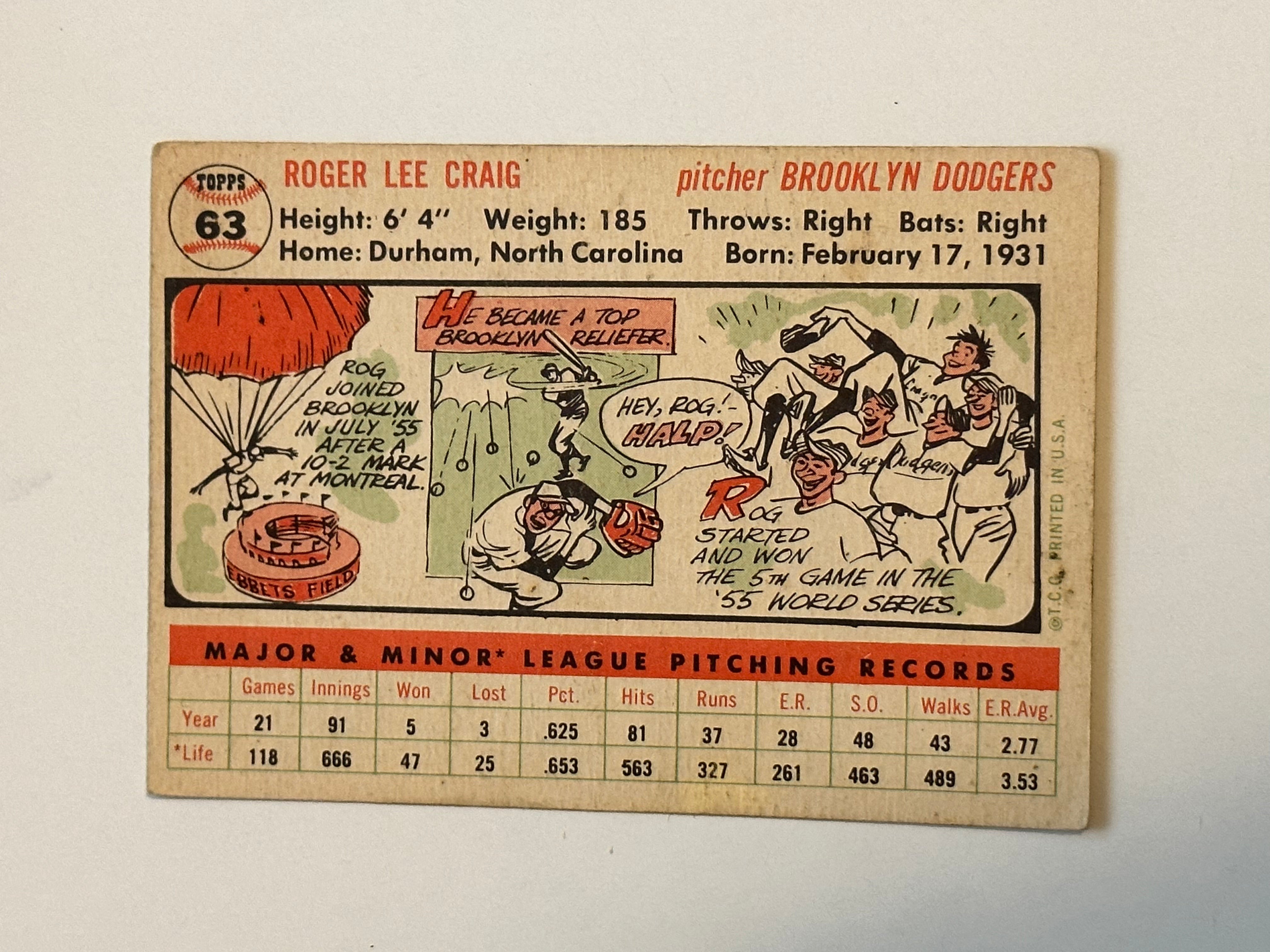 1956 Topps Roger Craig Rookie Baseball Card - PSA Graded Vintage Collectible for Sports Memorabilia & Investment Collections