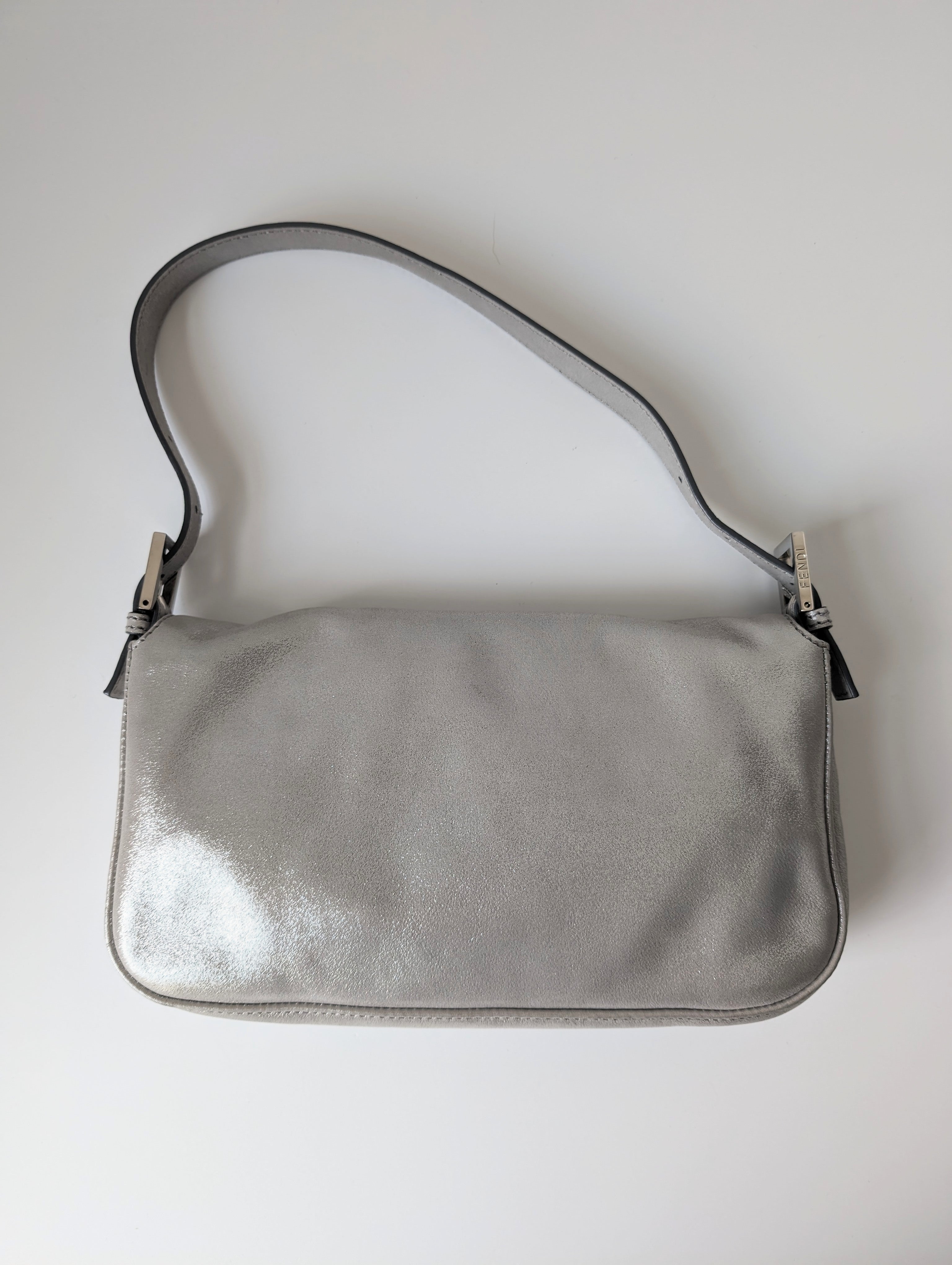 Exclusive Fendi Shimmering Silver Baguette Bag with Rhinestone Buckle - Perfect for Evening Parties & Luxury Fashion Accessories