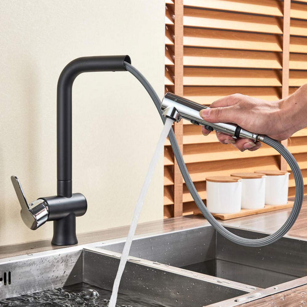 Deck Mounted Pull Out Kitchen Faucet - Single Handle Chrome & Black Finish - Hot & Cold Water Mixer - 2 Function Spray Head - Perfect for Modern Kitchens & Bar Sinks