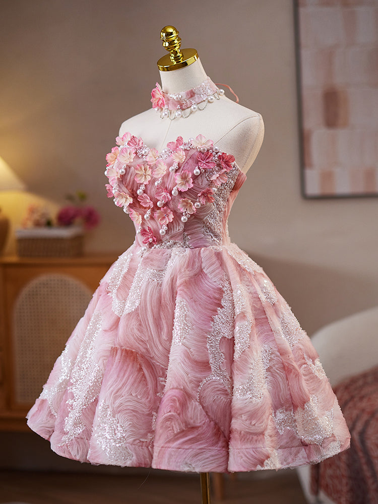 Elegant A-Line Pink Lace Flower Short Prom Dress | Homecoming Party Gown | Perfect for Formal Dances, Graduations & Special Occasions
