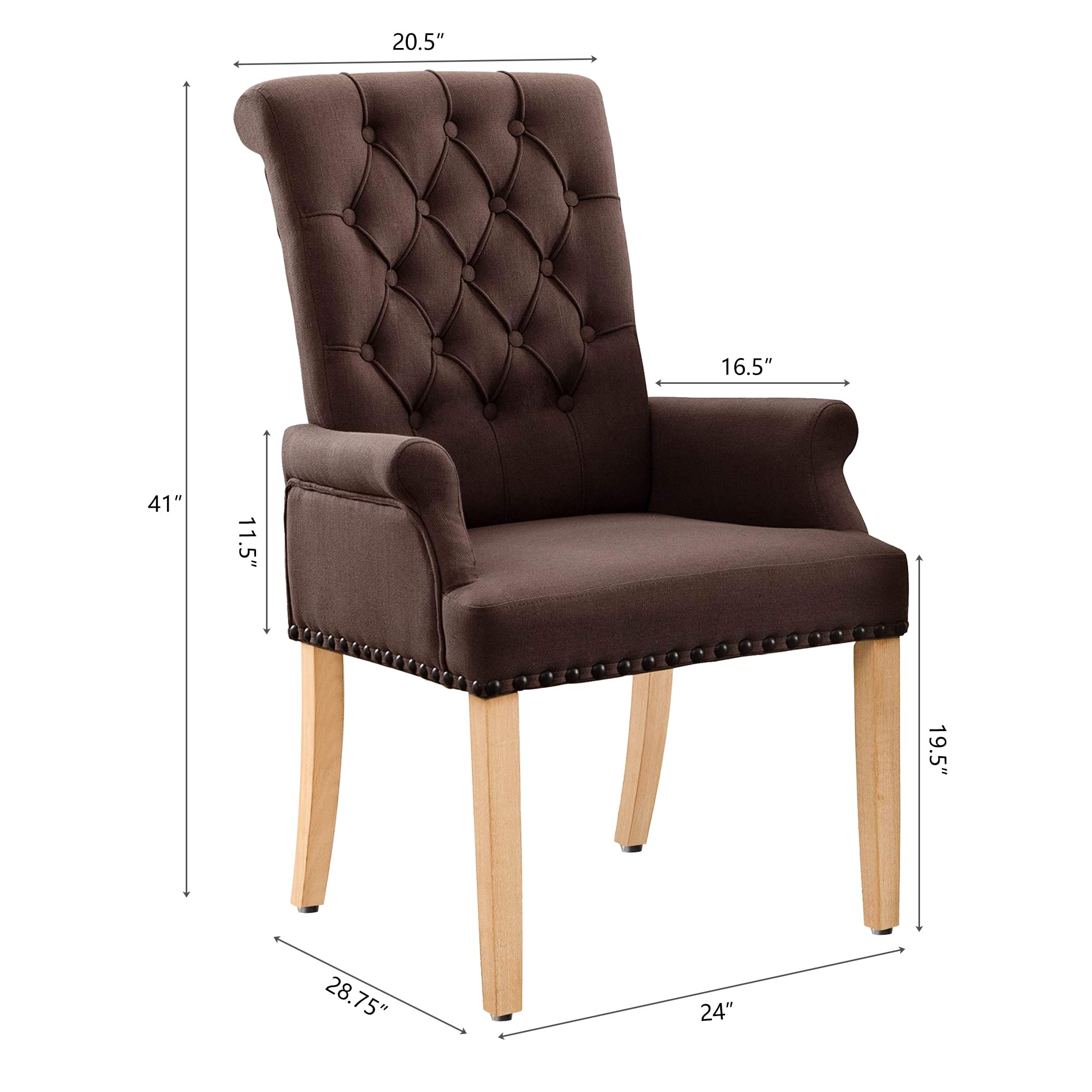 Luxury Fabric Dining Chairs - Tufted Upholstered Armrest Accent Chairs with Nailhead Trim & Solid Wood Legs for Home, Kitchen, Living Room (Brown) - Perfect for Dining Sets, Breakfast Nooks & Lounge Areas
