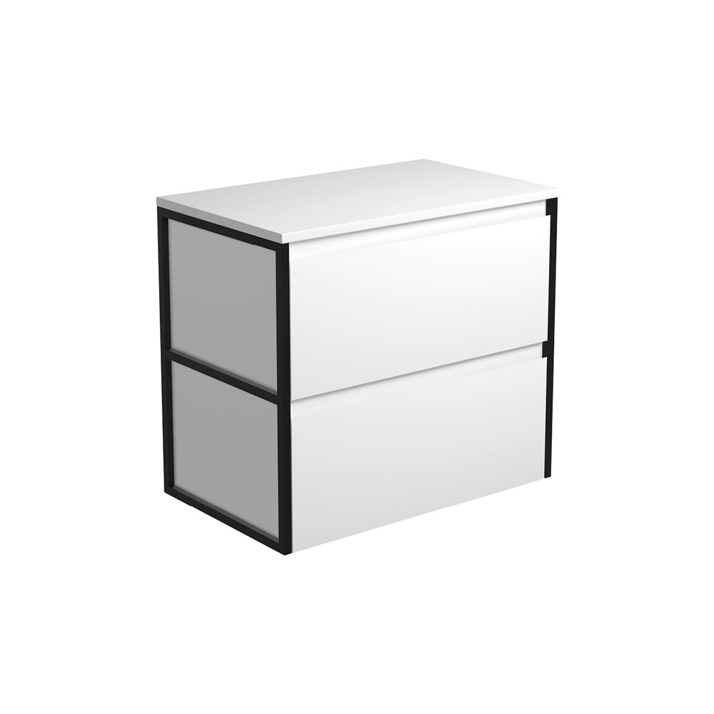 Fienza 75BWF Amato 750 Wall Mounted Bathroom Vanity Cabinet - Matte Black Frame with Satin White Finish - Modern Bathroom Storage Solution for Small Spaces & Powder Rooms
