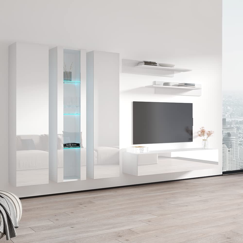 Modern White Floating TV Stand with Storage & LED Lights - Wall-Mounted Entertainment Center for Bedroom & Living Room - Space-Saving TV Console with Shelves for Gaming & Home Theater Setup