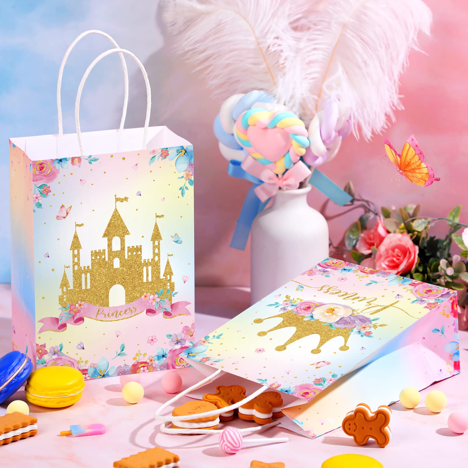 24 Pcs Princess & Prince Party Favor Bags with Handles - Elegant Castle-Themed Treat Bags for Candy, Gifts & Goodies - Perfect for Gender Reveal Parties, Baby Showers, Weddings & Birthday Celebrations (Princess Theme)