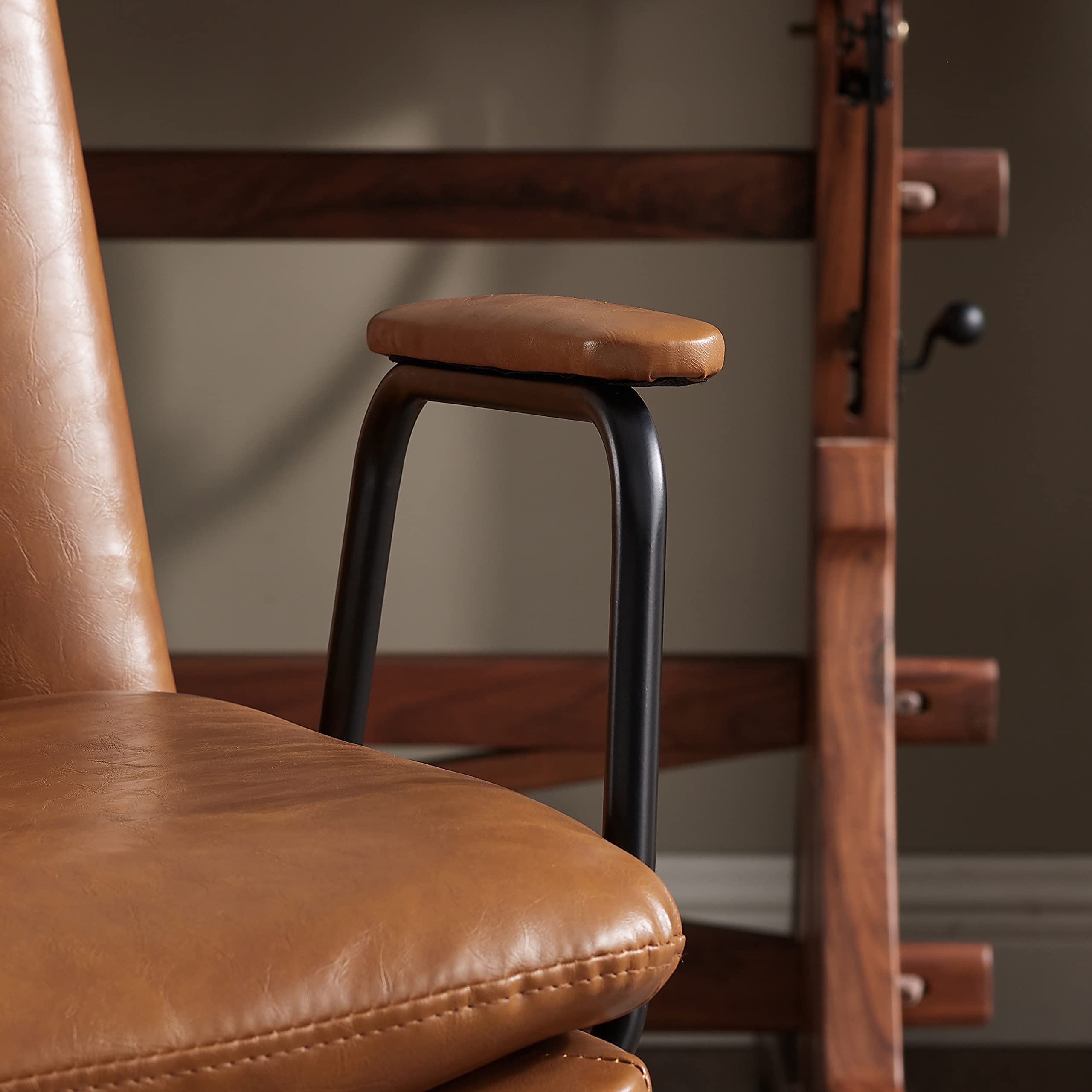 Art Leon Mid Century Modern Swivel Desk Chair Set of 2 - Oak Wood Legs & Faux Leather Upholstery, No Wheels Office Chair for Home, Bedroom or Living Room - Yellow Brown | Perfect for Small Spaces, Reading Nooks & Cozy Workstations