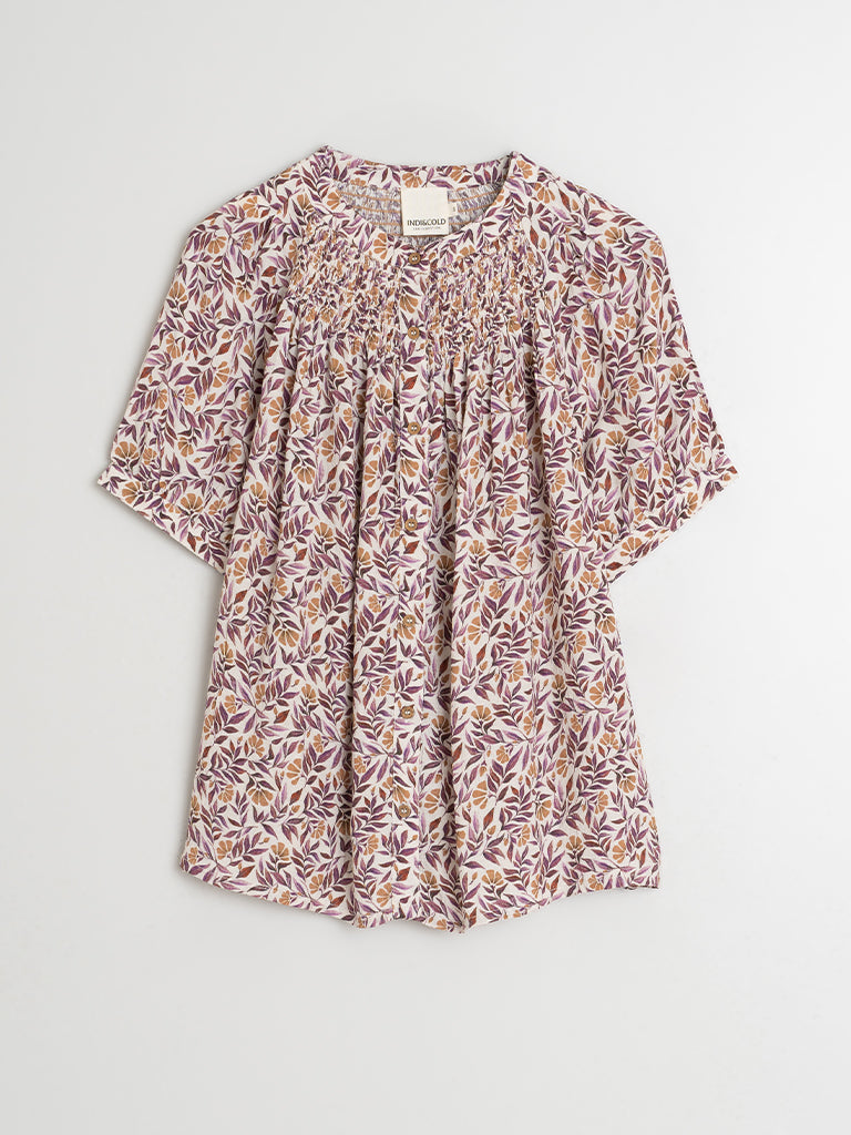 Indi & Cold Leaf Print Blouse in Violeta - Stylish Floral Printed Women's Top for Casual Wear, Office Outfits & Spring Fashion