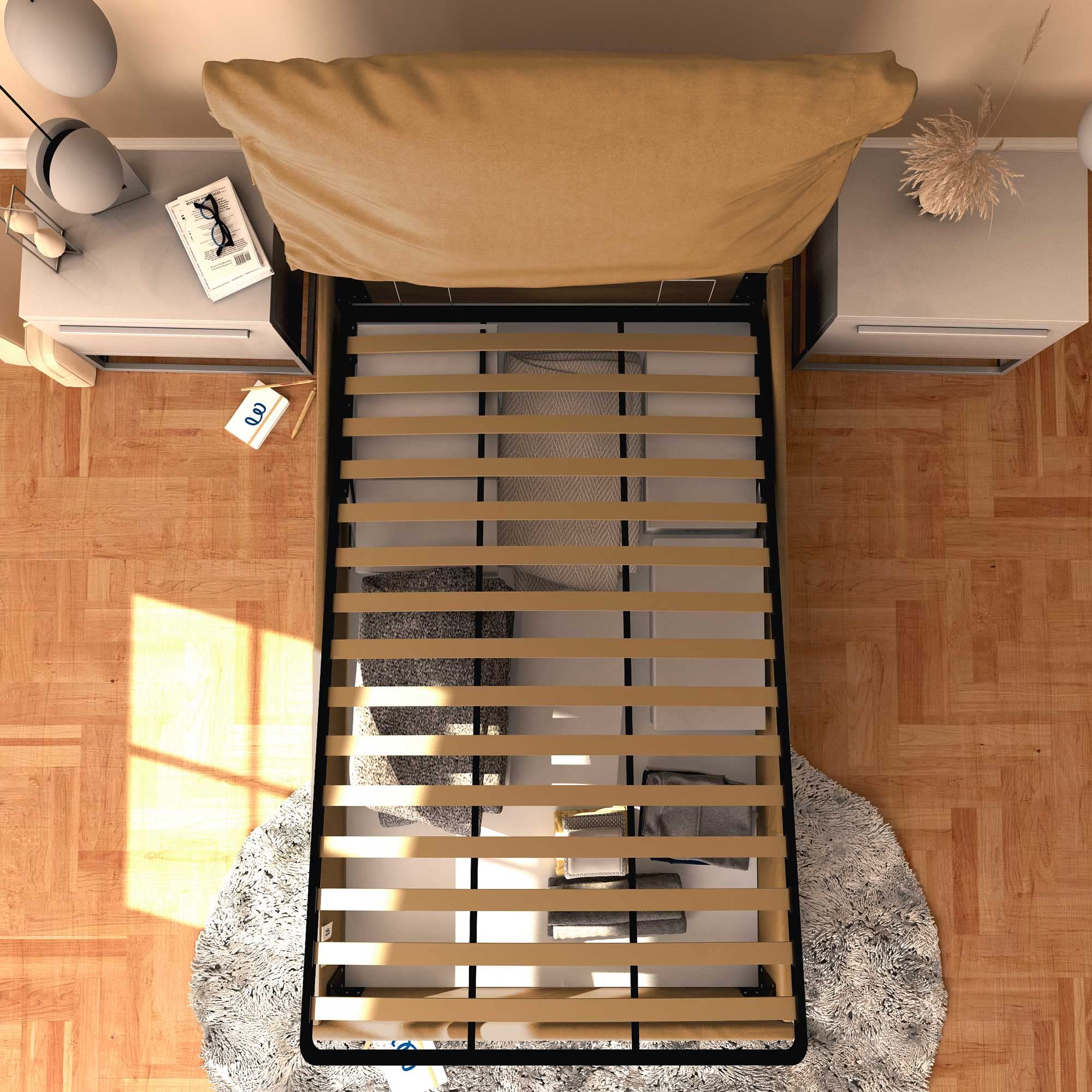 Baldiflex Licia Soft Full & Twin Size Bed Frame with Storage, Synthetic Leather Upholstery, Slatted Base - Fits 120x190cm Mattress, Light Brown, Padded Headboard | Perfect for Small Bedrooms, Guest Rooms & Apartments