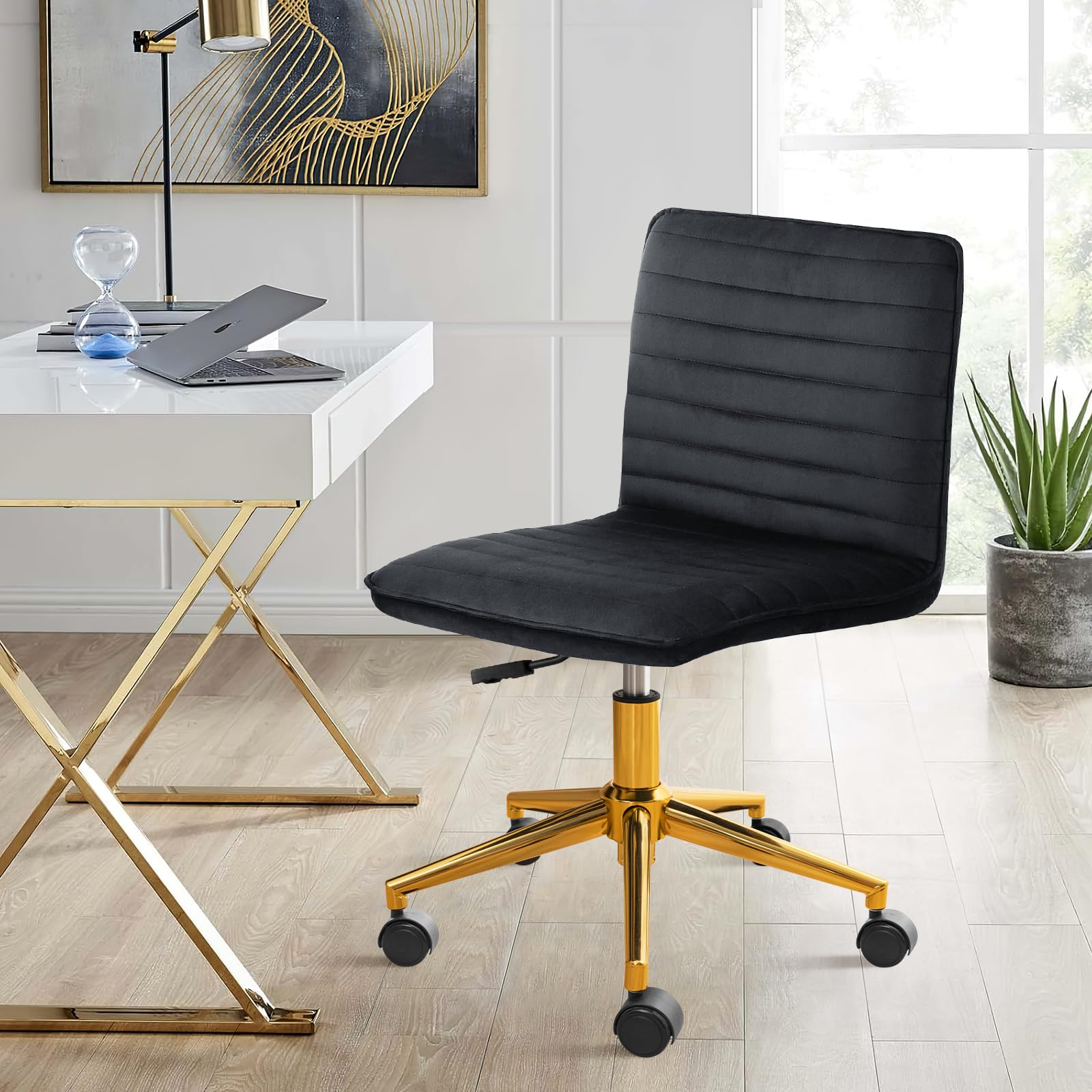 Furniliving Home Office Desk Chair - Armless Velvet Rolling Chair with Adjustable Height & Gold Metal Base, Black - Perfect for Computer Work, Vanity Desks & Small Spaces