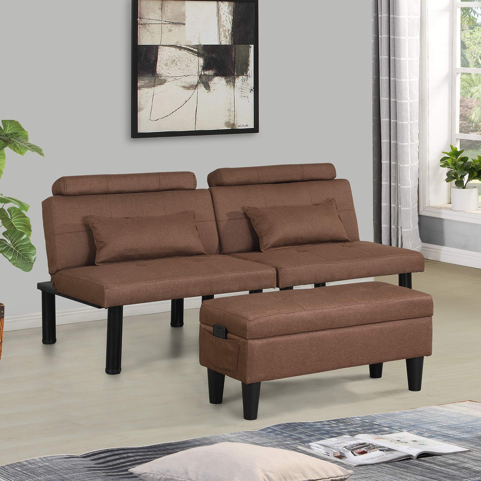 OBBOLLY Convertible Futon Sofa Bed with Ottoman Footstool & Coffee Table - Modern Tufted Linen Armless Loveseat Sleeper Sofa - 8 Sturdy Legs & 2 Lumbar Pillows - Perfect for Small Spaces, Dorms, Apartments & Guest Rooms (Coffee Brown) - Great for Lounging, Napping & Extra Sleeping Space