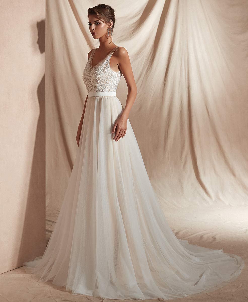 Elegant Women's V-Neck A-Line Lace Tulle Long Beach Wedding Dress for Bride - Perfect for Beach Ceremonies, Destination Weddings & Romantic Photos