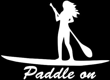 BUFI-23 Stand Up Paddle Board Girl Vinyl Decal - White Surfing Sticker for Cars, Trucks, Laptops & Helmets - 6.5 Inches Wide - Perfect for Water Sports Enthusiasts & Vehicle Decoration