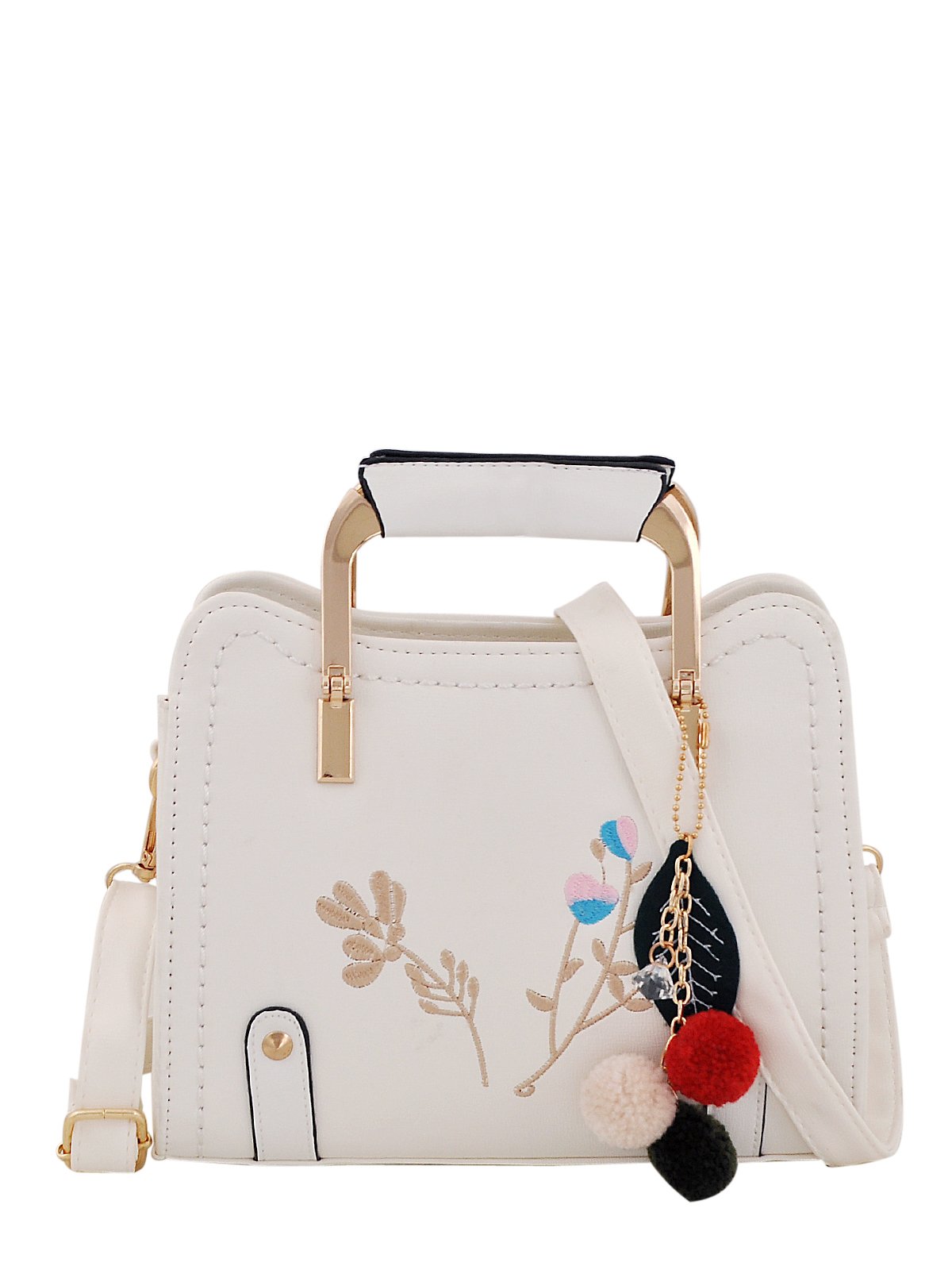 MARK & KEITH Women's Floral Embroidery Handbag with Golden Grace Handle & Pom Pom - Stylish Crossbody Purse, Fashion Tote Bag for Daily Use, Work, Travel & Special Occasions