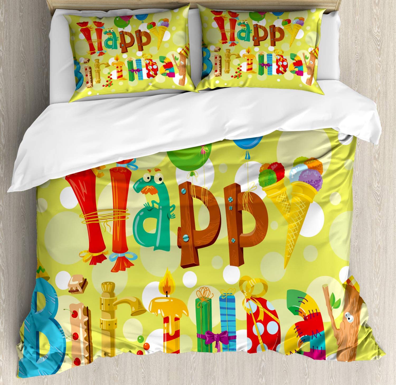 Ambesonne Birthday Duvet Cover Set - Fun Ice Cream, Candies & Balloons Print 3-Piece Bedding Set with 2 Pillow Shams, California King Size, Vibrant Multicolor | Perfect for Birthday Parties, Kids Room Decor & Gift Giving