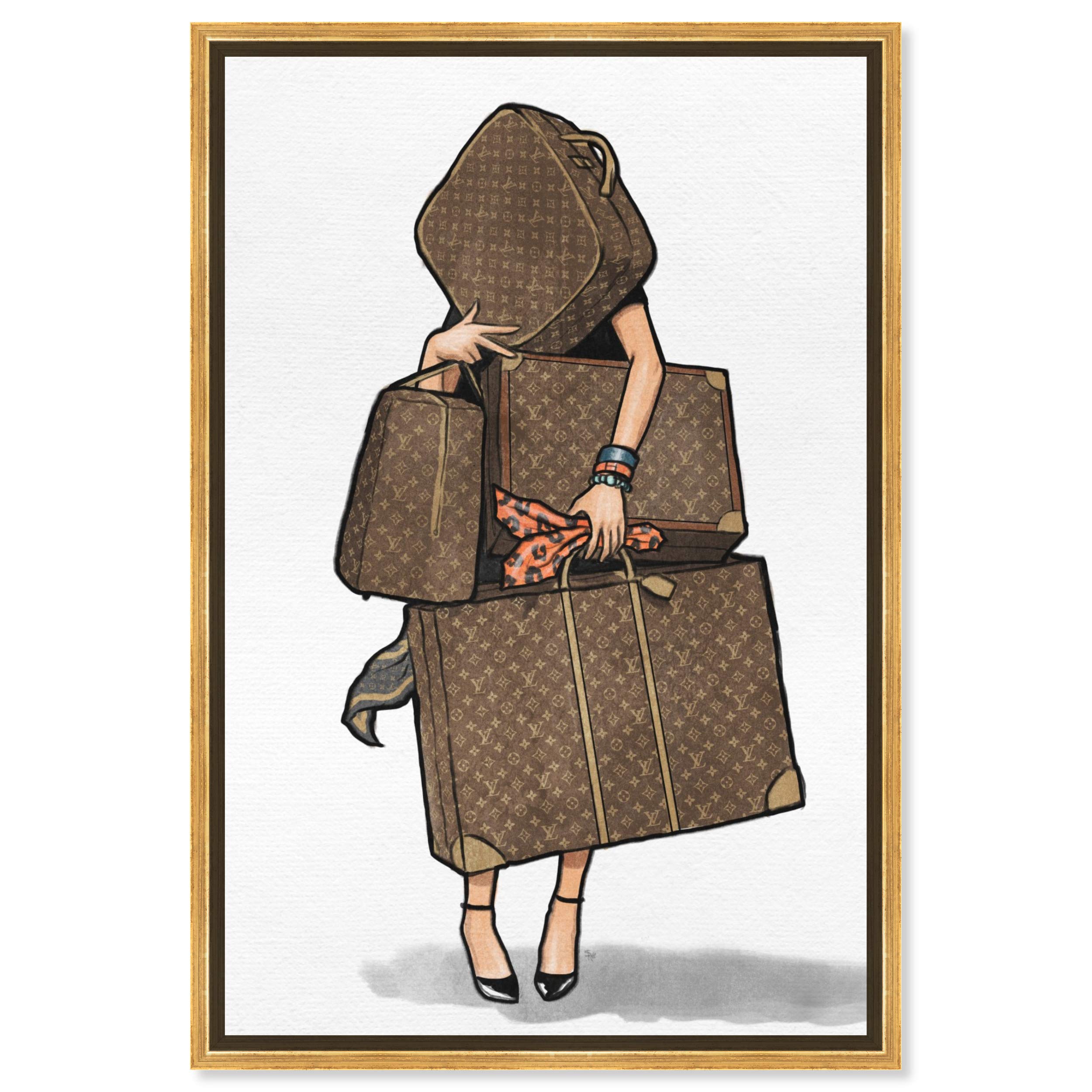 Oliver Gal Artist Co. Fashion & Glam Framed Wall Art Canvas Print - Orange Travel Bag Design, 10x15 Inch Brown & White Home Decor - Perfect for Living Room, Bedroom & Office Wall Decor