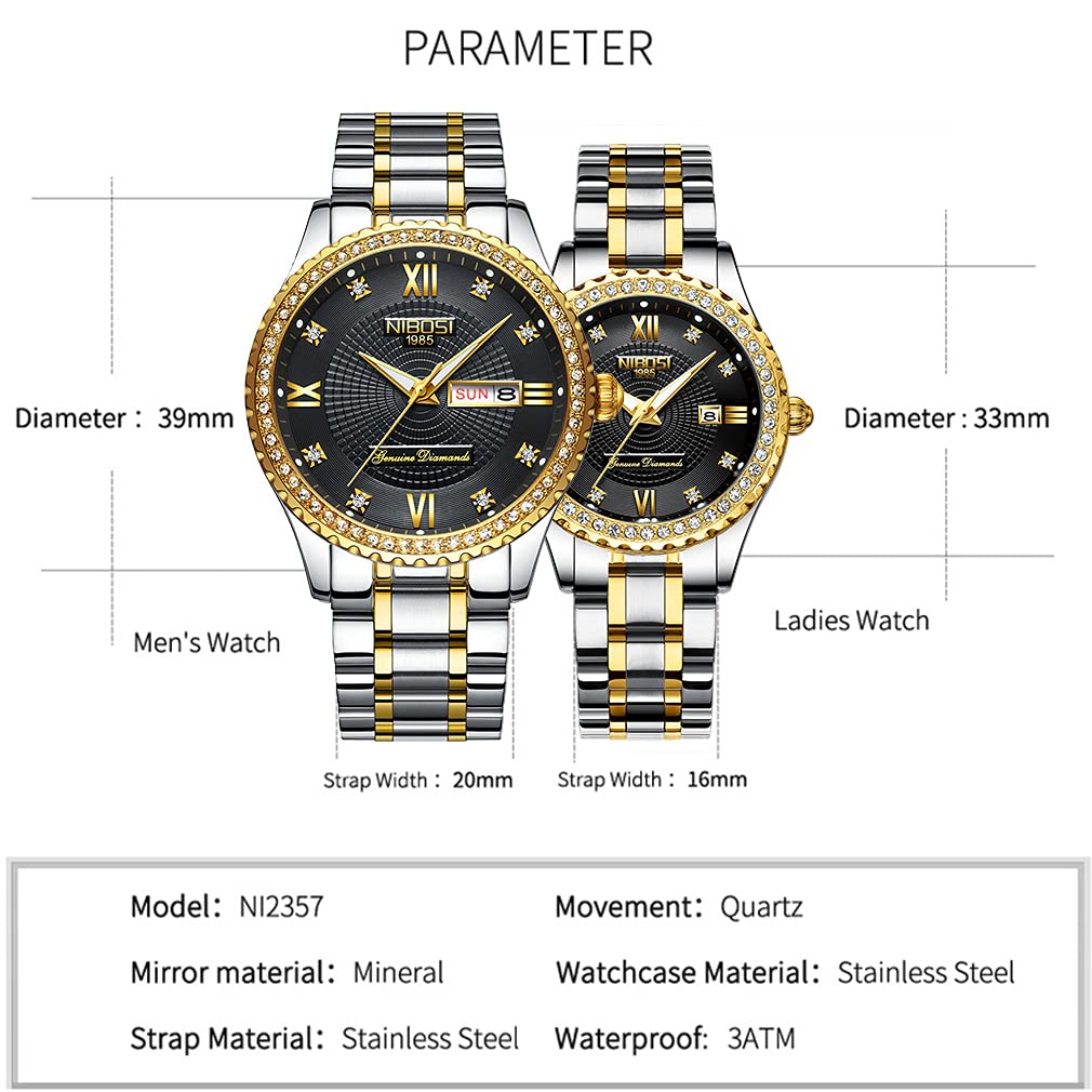 Luxury Diamond Couple Watches Set - His and Hers Matching Analog Quartz Wristwatch for Men & Women | Valentine's Day, Wedding, Anniversary Gift | Waterproof, Day-Date Display | Perfect for Romantic Occasions, Date Nights & Special Celebrations